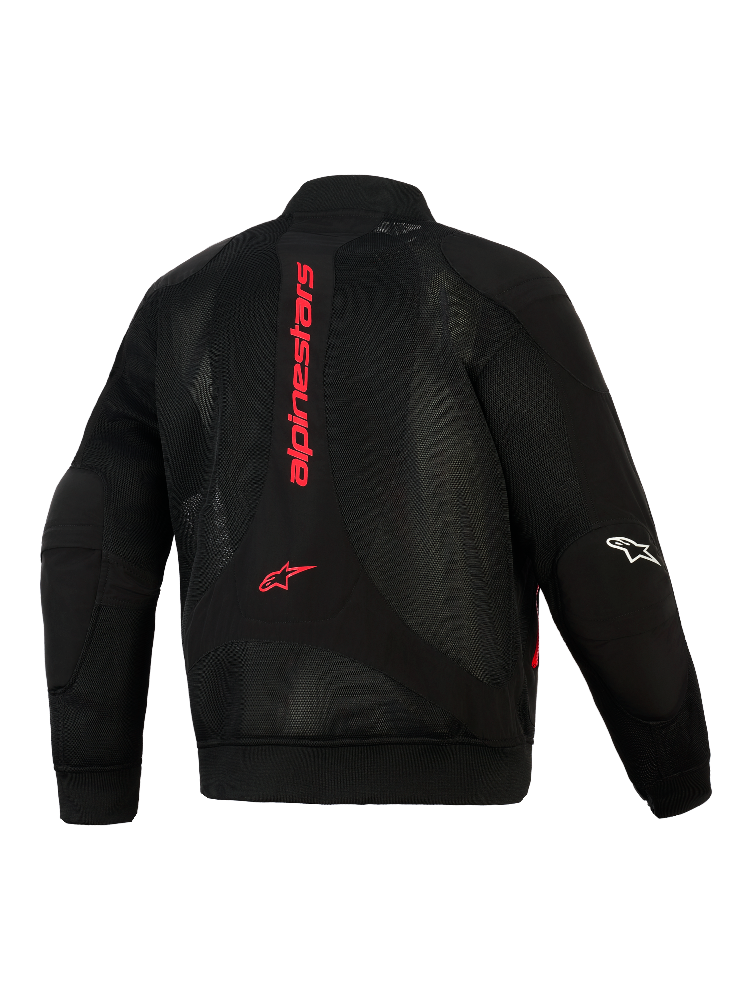 Giacca Alpinestars Flight Air, Nero e Rosso Brillante, vista posteriore che mostra la costruzione in mesh 3D, logo Alpinestars rosso verticale sulla schiena, silhouette stile bomber con vita e polsini a coste, logo bianco sulla manica
