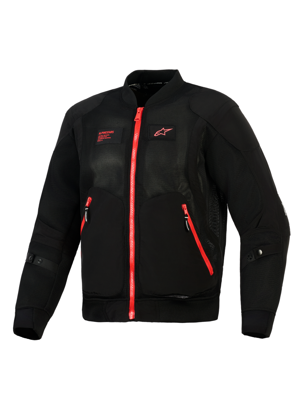 Alpinestars Giacca Flight Air, Nero Rosso Brillante, vista frontale di una giacca da moto leggera in stile bomber con pannelli in mesh 3D, cerniere rosse a contrasto e logo Alpinestars rosso sul petto.