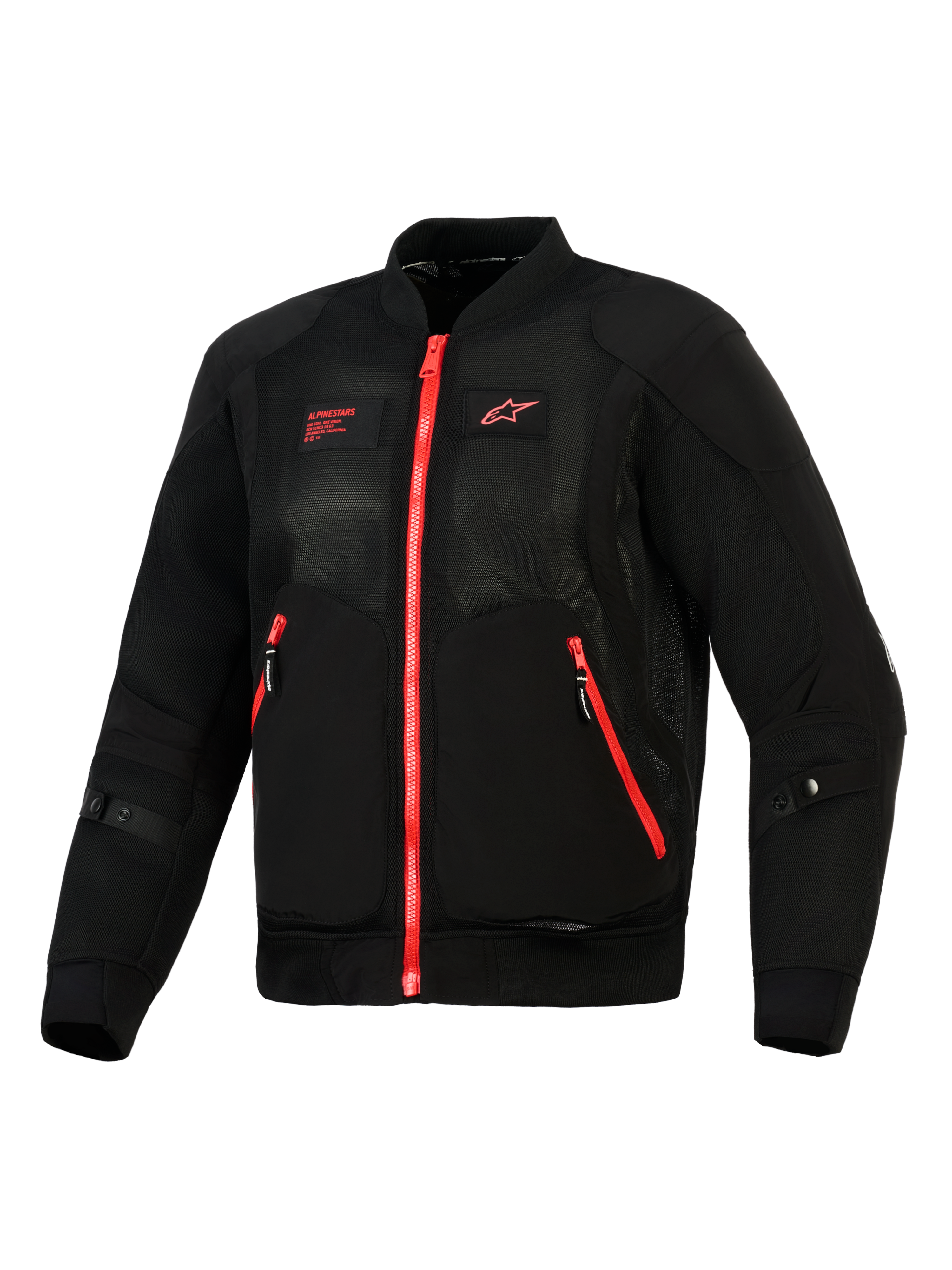 Alpinestars Giacca Flight Air, Nero Rosso Brillante, vista frontale di una giacca da moto leggera in stile bomber con pannelli in mesh 3D, cerniere rosse a contrasto e logo Alpinestars rosso sul petto.