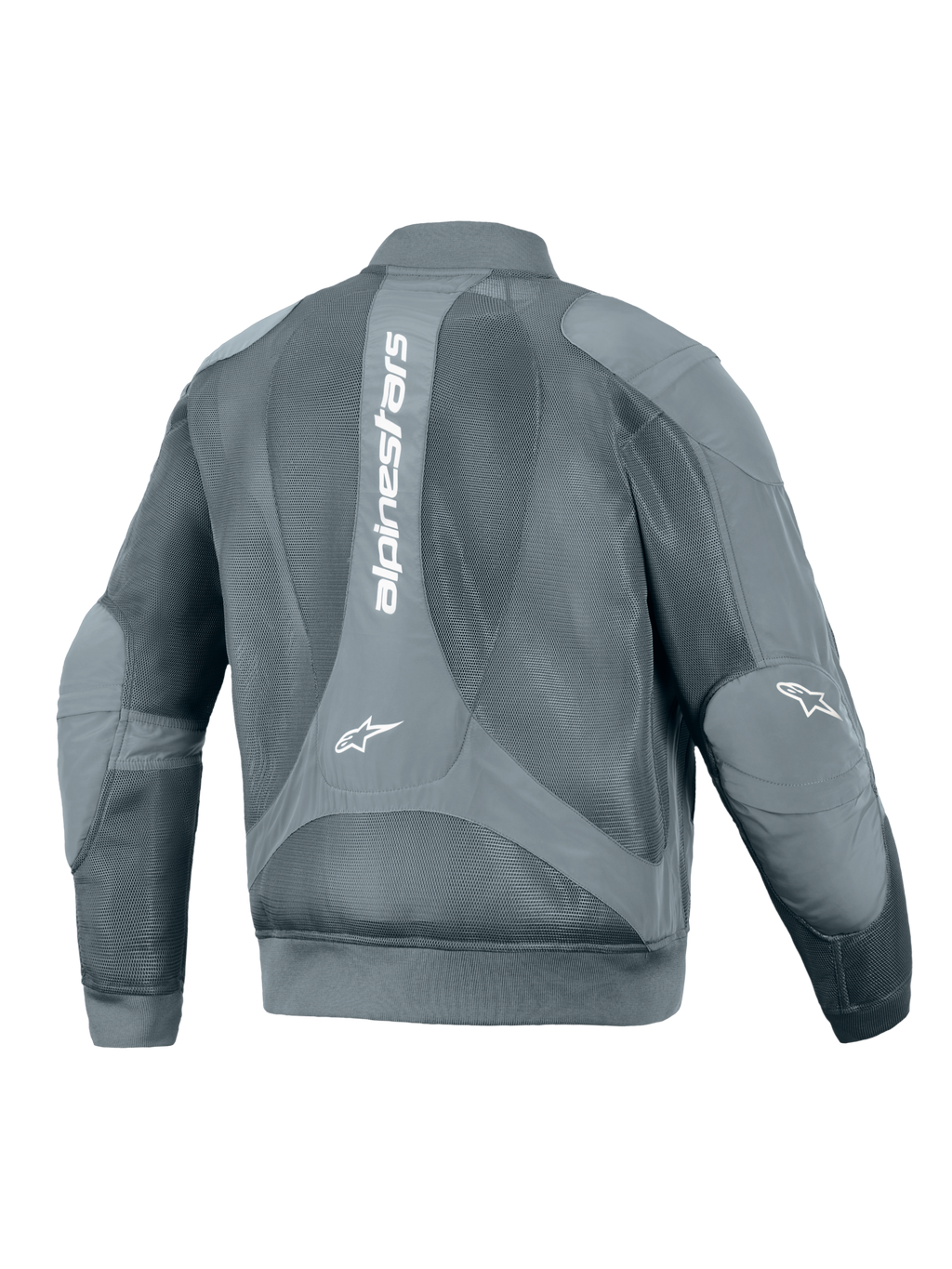 Alpinestars Flight Air Jacket, giacca da moto urbana, Storm Gray, vista posteriore con un grande logo Alpinestars bianco verticale, ampi pannelli in mesh 3D per il flusso d'aria e vita e polsini a costine in stile bomber