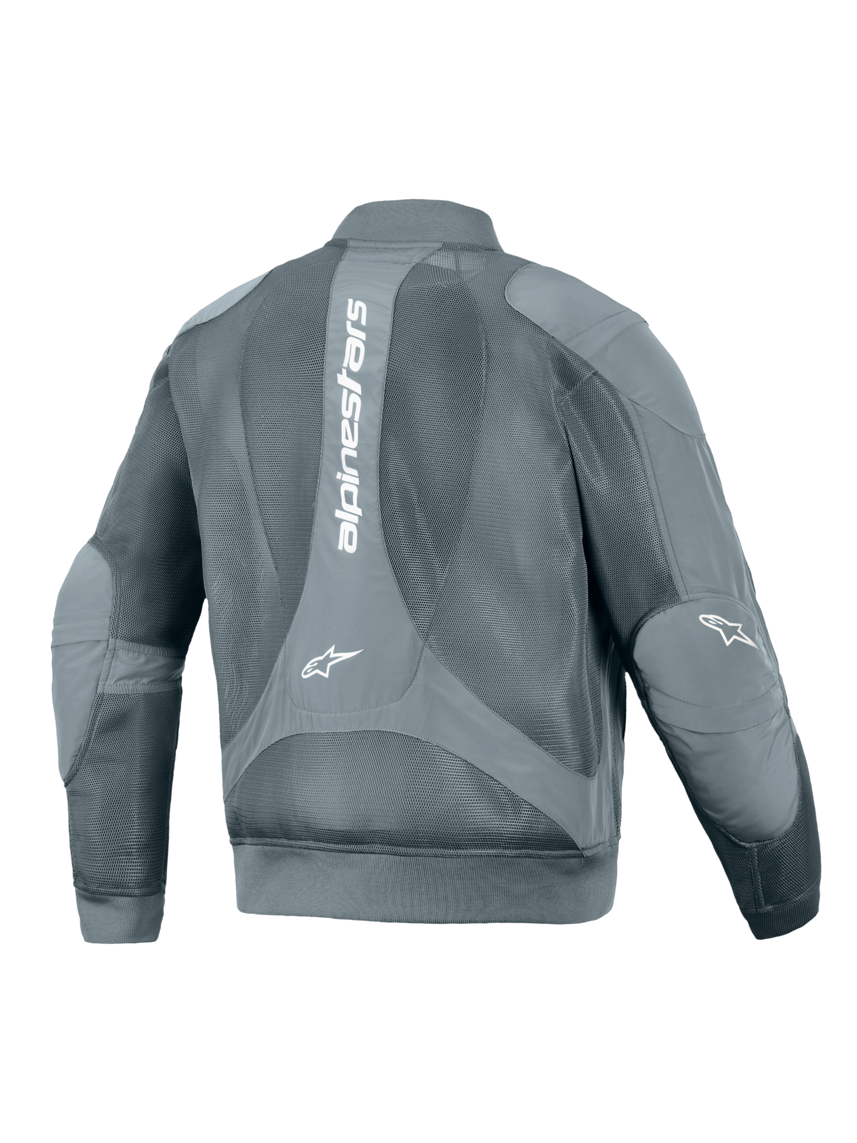 Alpinestars Flight Air Jacket, giacca da moto urbana, Storm Gray, vista posteriore con un grande logo Alpinestars bianco verticale, ampi pannelli in mesh 3D per il flusso d'aria e vita e polsini a costine in stile bomber