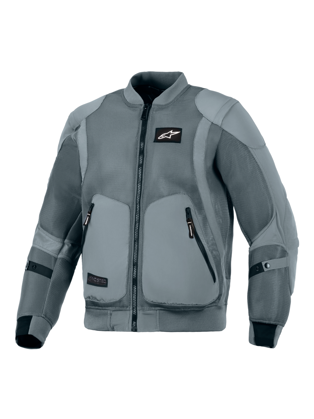 Alpinestars Flight Air Jacket, Grigio Storm, giacca da moto urbana, silhouette ispirata ai bomber con pannelli di ventilazione in mesh 3D estesi, colletto e polsini a costine elasticizzati, logo Astars nero sul petto, tasche esterne per protezioni, progettata per la guida in città con climi caldi
