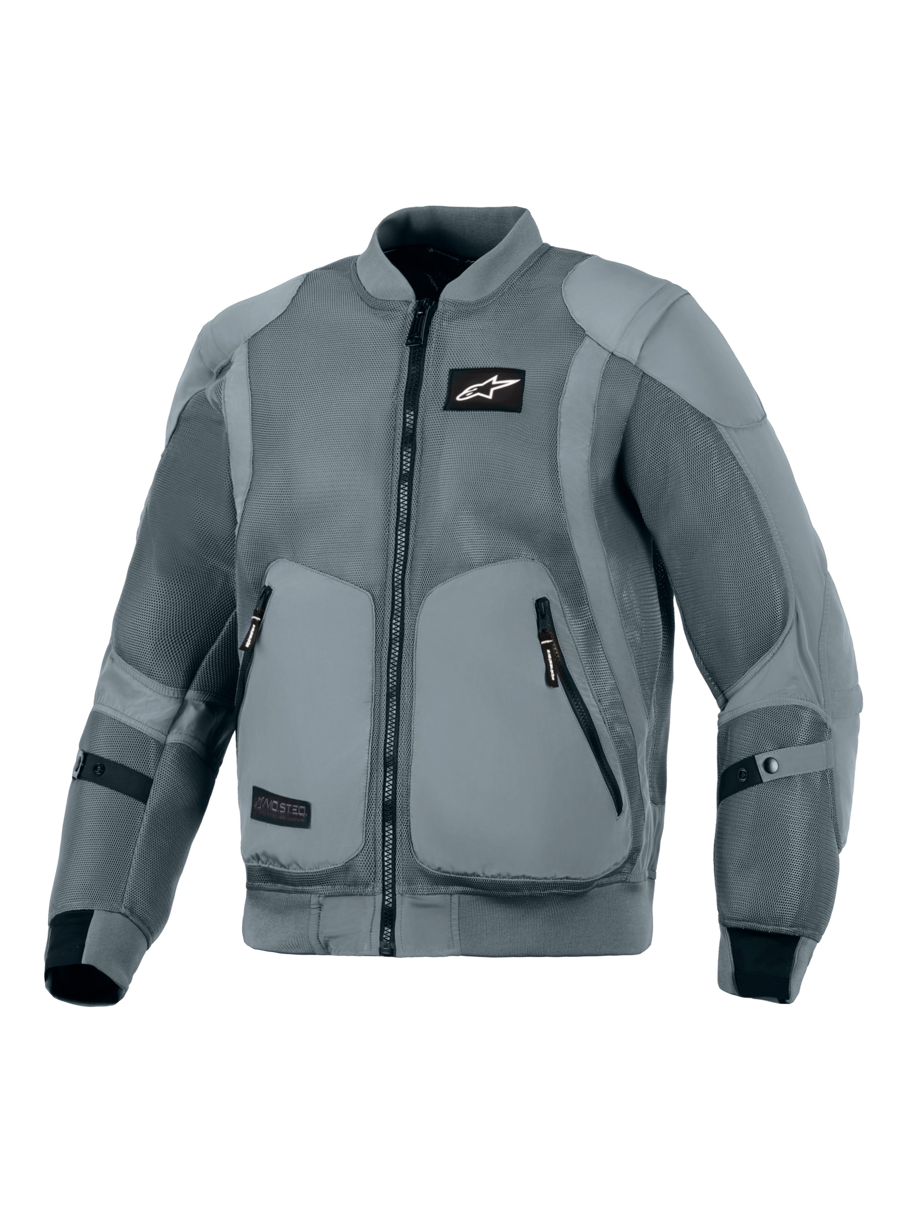 Alpinestars Flight Air Jacket, Grigio Storm, giacca da moto urbana, silhouette ispirata ai bomber con pannelli di ventilazione in mesh 3D estesi, colletto e polsini a costine elasticizzati, logo Astars nero sul petto, tasche esterne per protezioni, progettata per la guida in città con climi caldi
