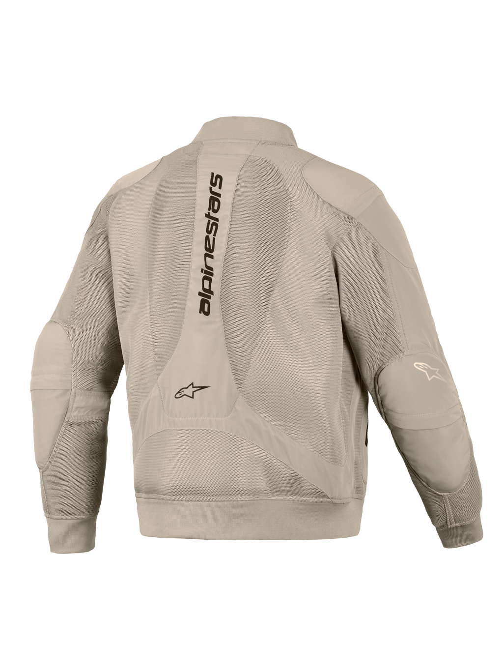 Alpinestars Flight Air Jacket in Alluminio, vista posteriore, con ampi pannelli in mesh 3D per la ventilazione, scritta Alpinestars verticale sulla schiena, polsini e orlo a costine e una moderna silhouette stile bomber per la guida urbana in moto.