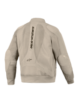 Alpinestars Flight Air Jacket in Alluminio, vista posteriore, con ampi pannelli in mesh 3D per la ventilazione, scritta Alpinestars verticale sulla schiena, polsini e orlo a costine e una moderna silhouette stile bomber per la guida urbana in moto.