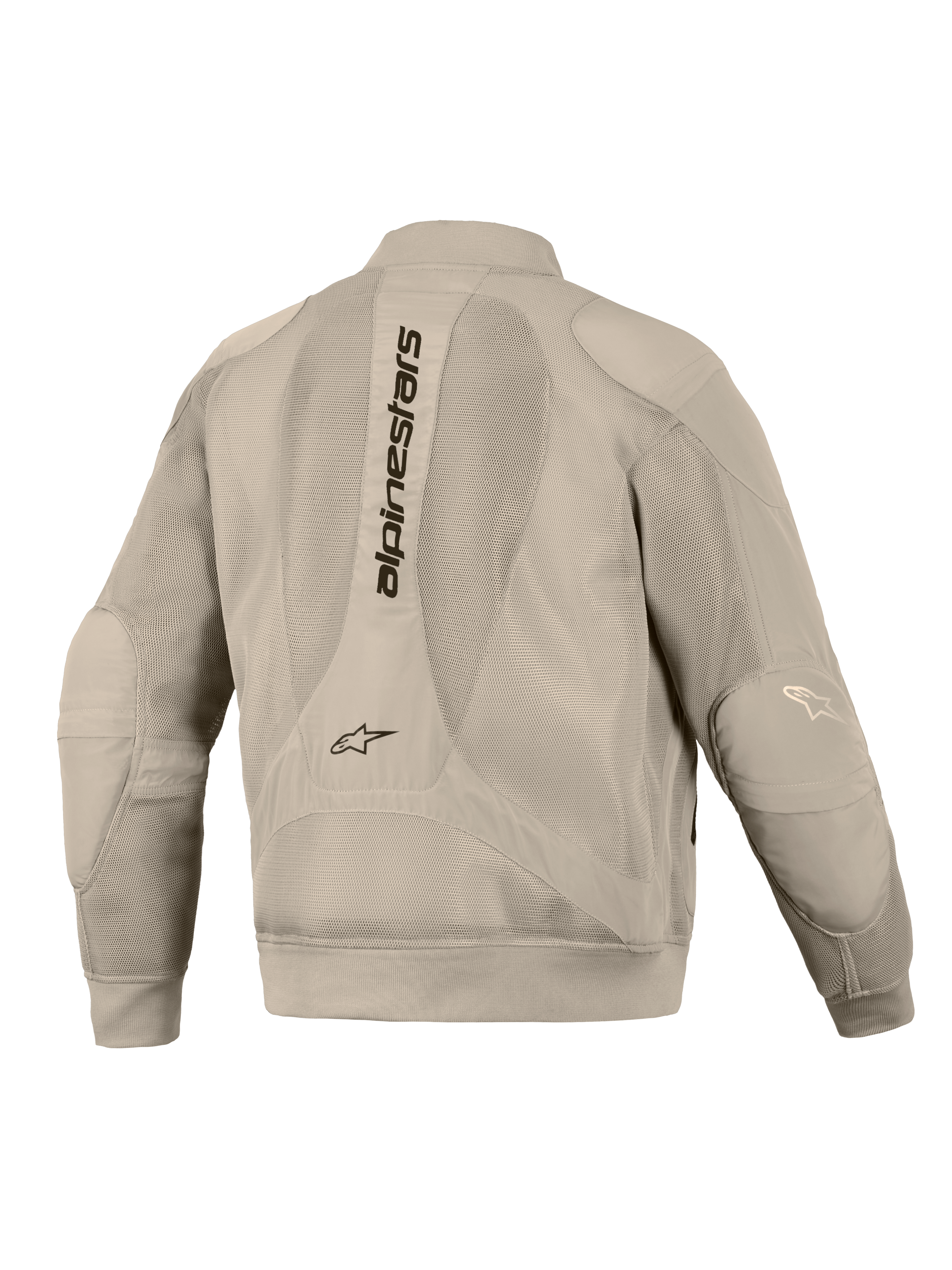 Alpinestars Flight Air Jacket in Alluminio, vista posteriore, con ampi pannelli in mesh 3D per la ventilazione, scritta Alpinestars verticale sulla schiena, polsini e orlo a costine e una moderna silhouette stile bomber per la guida urbana in moto.