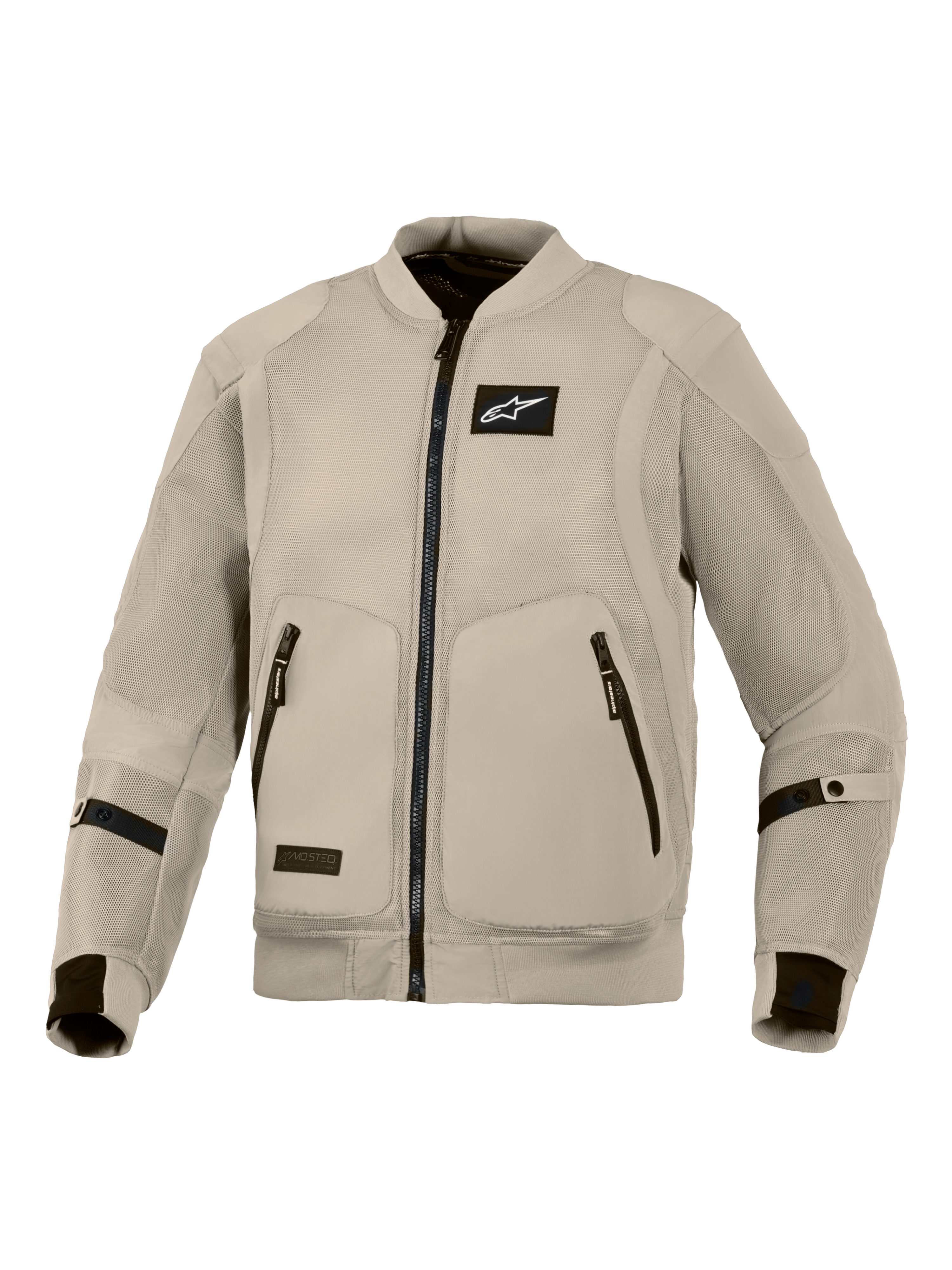 Giacca Alpinestars Flight Air, giacca da moto grigio Aluminum, abbigliamento urban riding stile bomber con ampi pannelli in mesh 3D per il massimo flusso d'aria, logo Alpinestars nero sul petto e doppie tasche frontali con zip.