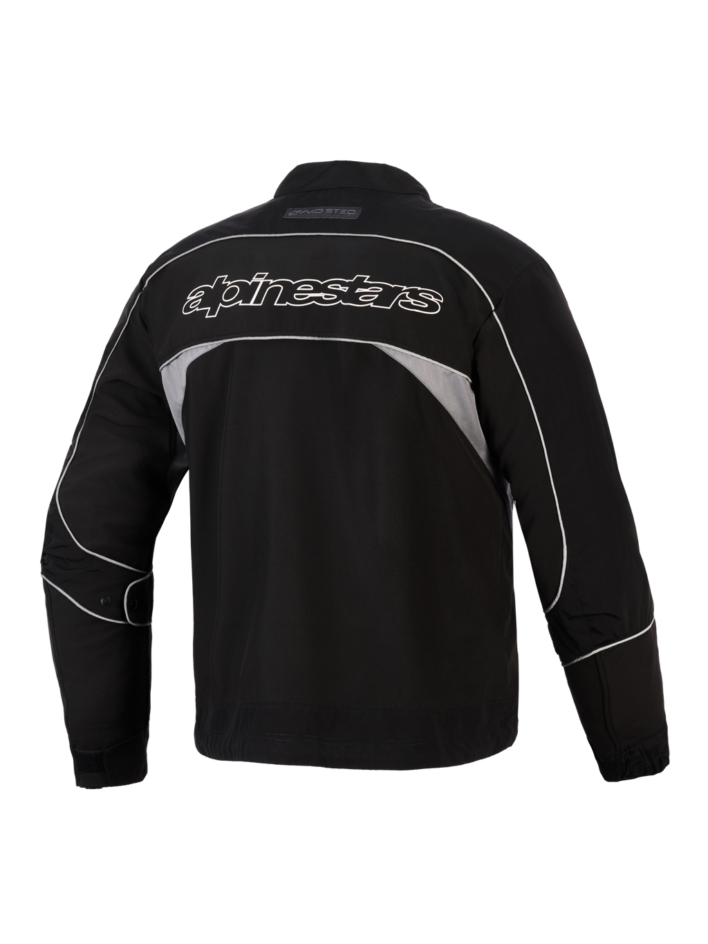 Giacca Alpinestars Unite, vista posteriore, nero con pannelli riflettenti grigio scuro, logo Alpinestars con profilo bianco sulla schiena, giacca da moto urbana in softshell dal design minimalista