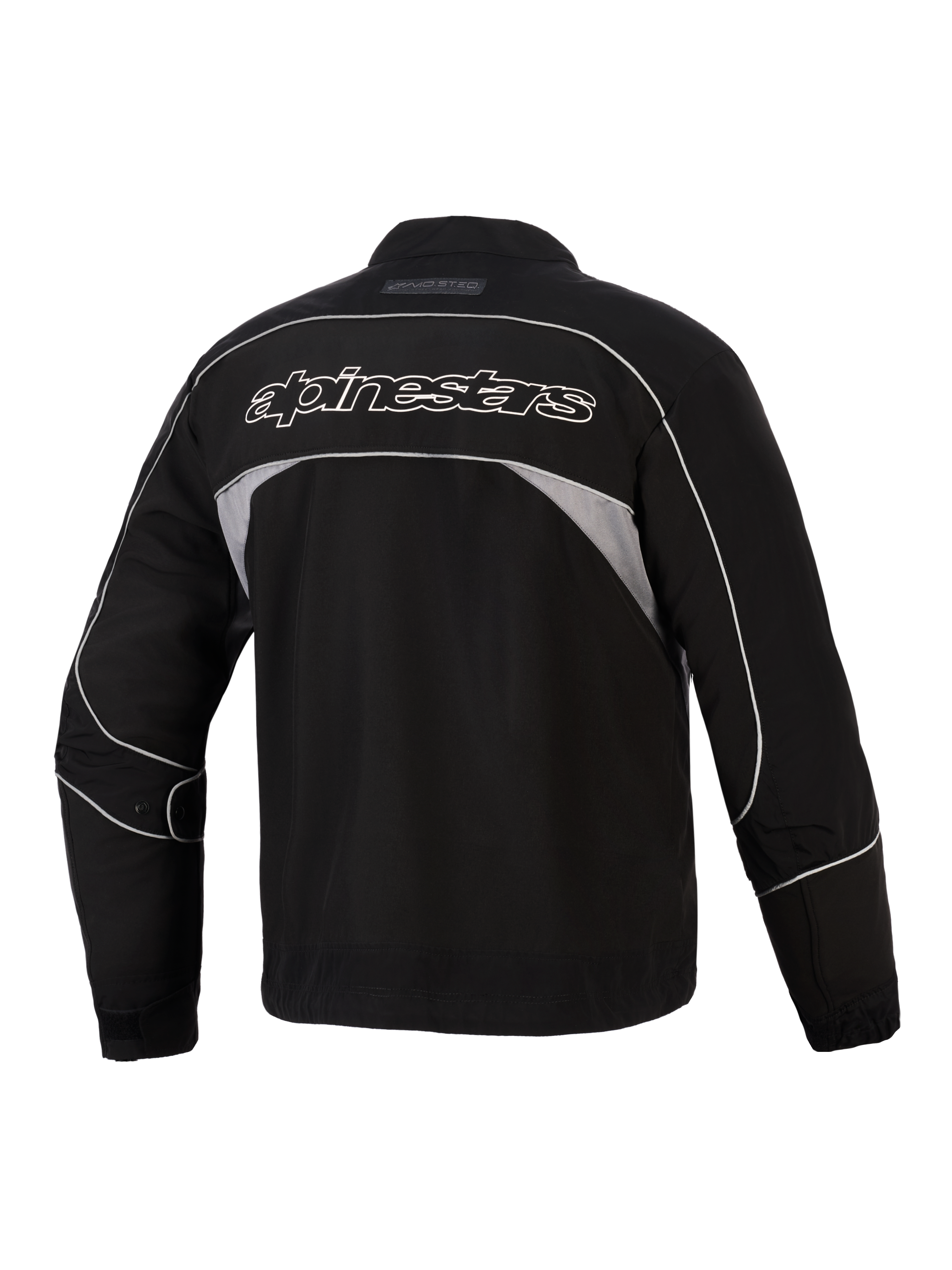 Giacca Alpinestars Unite, vista posteriore, nero con pannelli riflettenti grigio scuro, logo Alpinestars con profilo bianco sulla schiena, giacca da moto urbana in softshell dal design minimalista