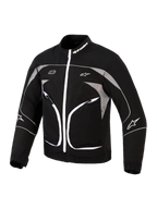 Alpinestars Unite Jacket, giacca da moto, nero e grigio scuro, con cerniera anteriore bianca, pannelli grigi riflettenti e dettagli con profili bianchi, marchio Alpinestars su colletto e maniche, design urbano minimalista