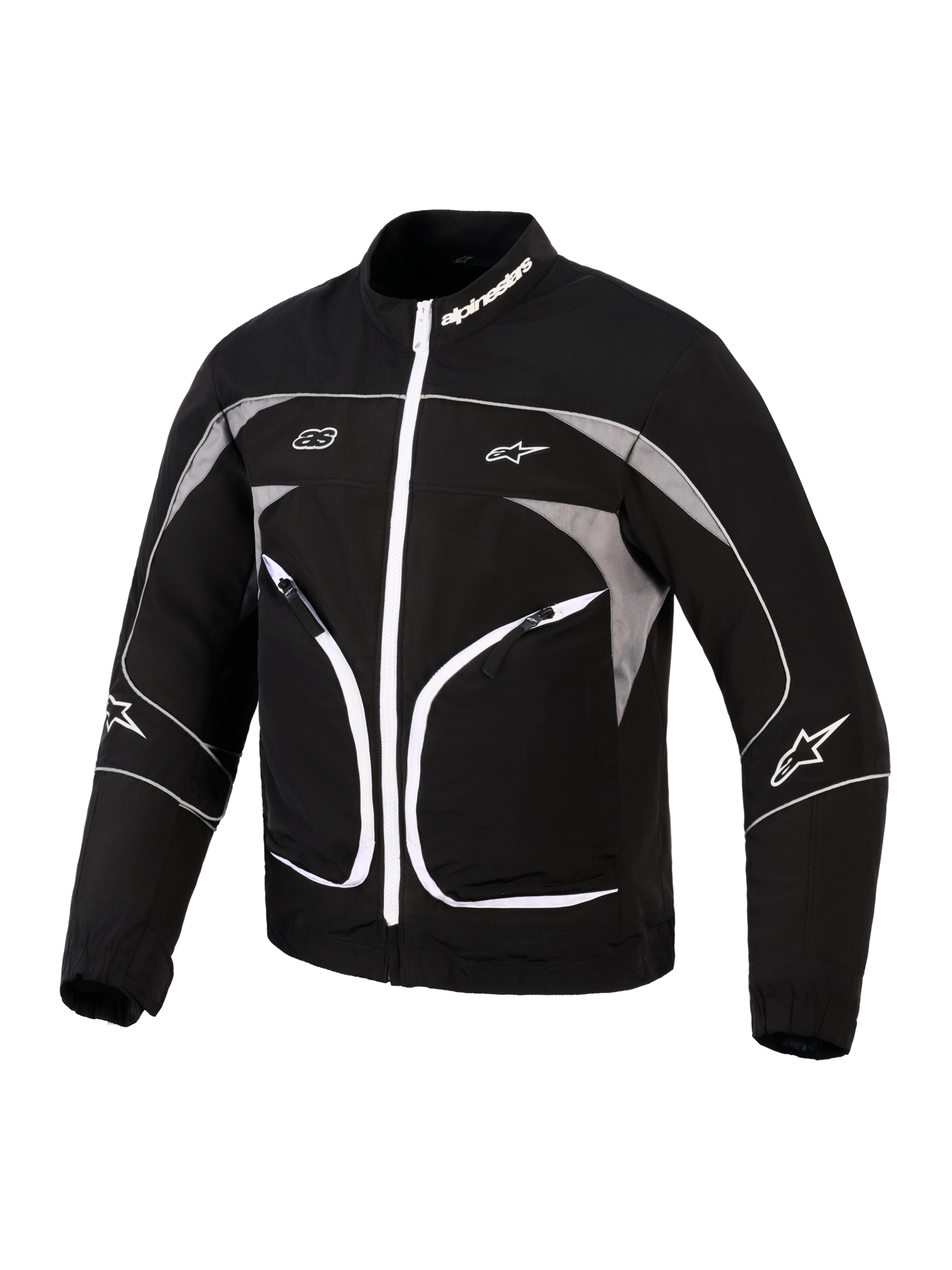 Alpinestars Unite Jacket, giacca da moto, nero e grigio scuro, con cerniera anteriore bianca, pannelli grigi riflettenti e dettagli con profili bianchi, marchio Alpinestars su colletto e maniche, design urbano minimalista