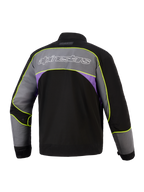 Alpinestars Giacca Unite in Black Asphalt Violet, vista posteriore, giacca da moto urbana con ampio pannello grigio sulle spalle, logo Alpinestars con profilo bianco, inserti laterali viola e profili giallo neon ad alta visibilità lungo le cuciture.