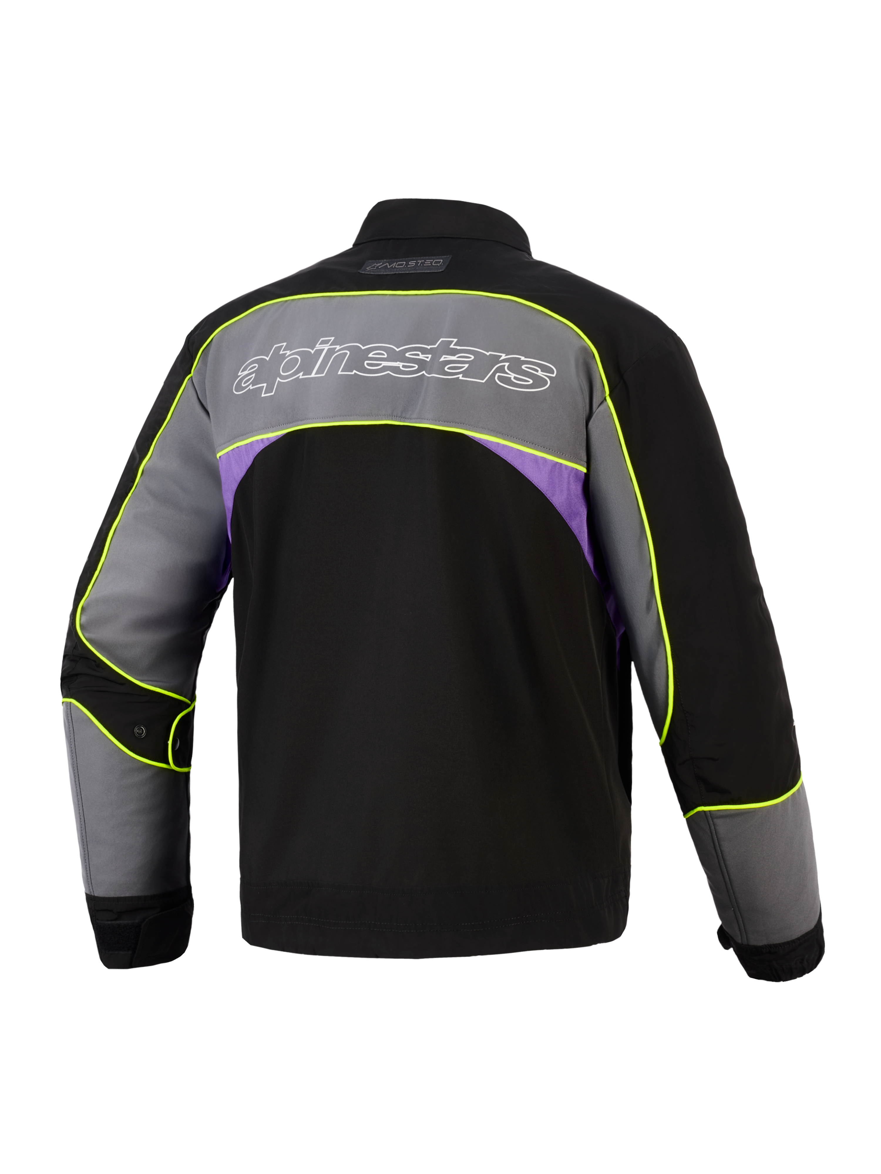 Alpinestars Giacca Unite in Black Asphalt Violet, vista posteriore, giacca da moto urbana con ampio pannello grigio sulle spalle, logo Alpinestars con profilo bianco, inserti laterali viola e profili giallo neon ad alta visibilità lungo le cuciture.