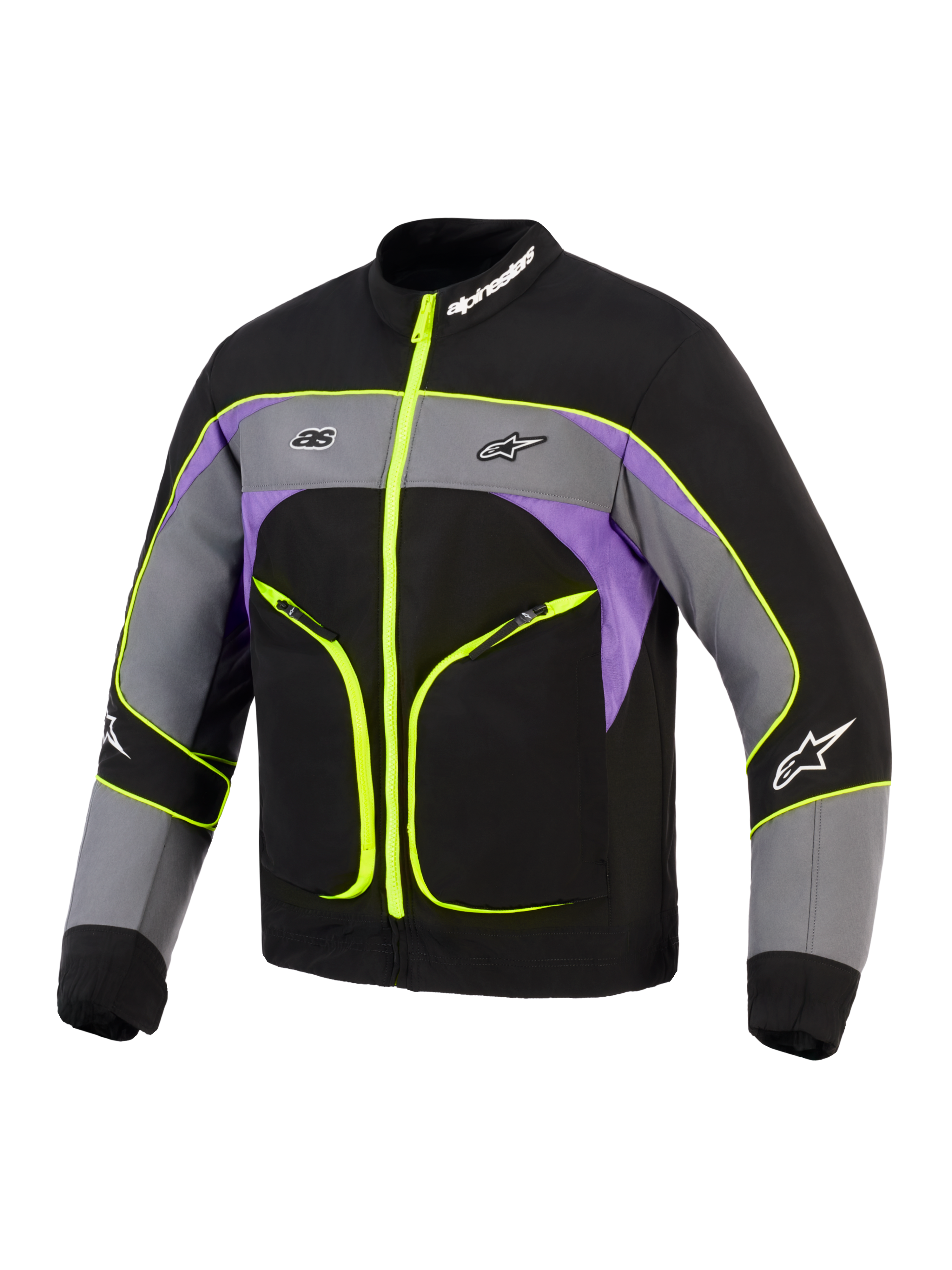Giacca Alpinestars Unite, giacca da moto urbana, nero asfalto e viola con accenti giallo neon, dotata di costruzione softshell a 3 strati, cerniere e profili giallo fluorescente, design a blocchi di colore grigio e viola e marchio Alpinestars su petto e colletto.
