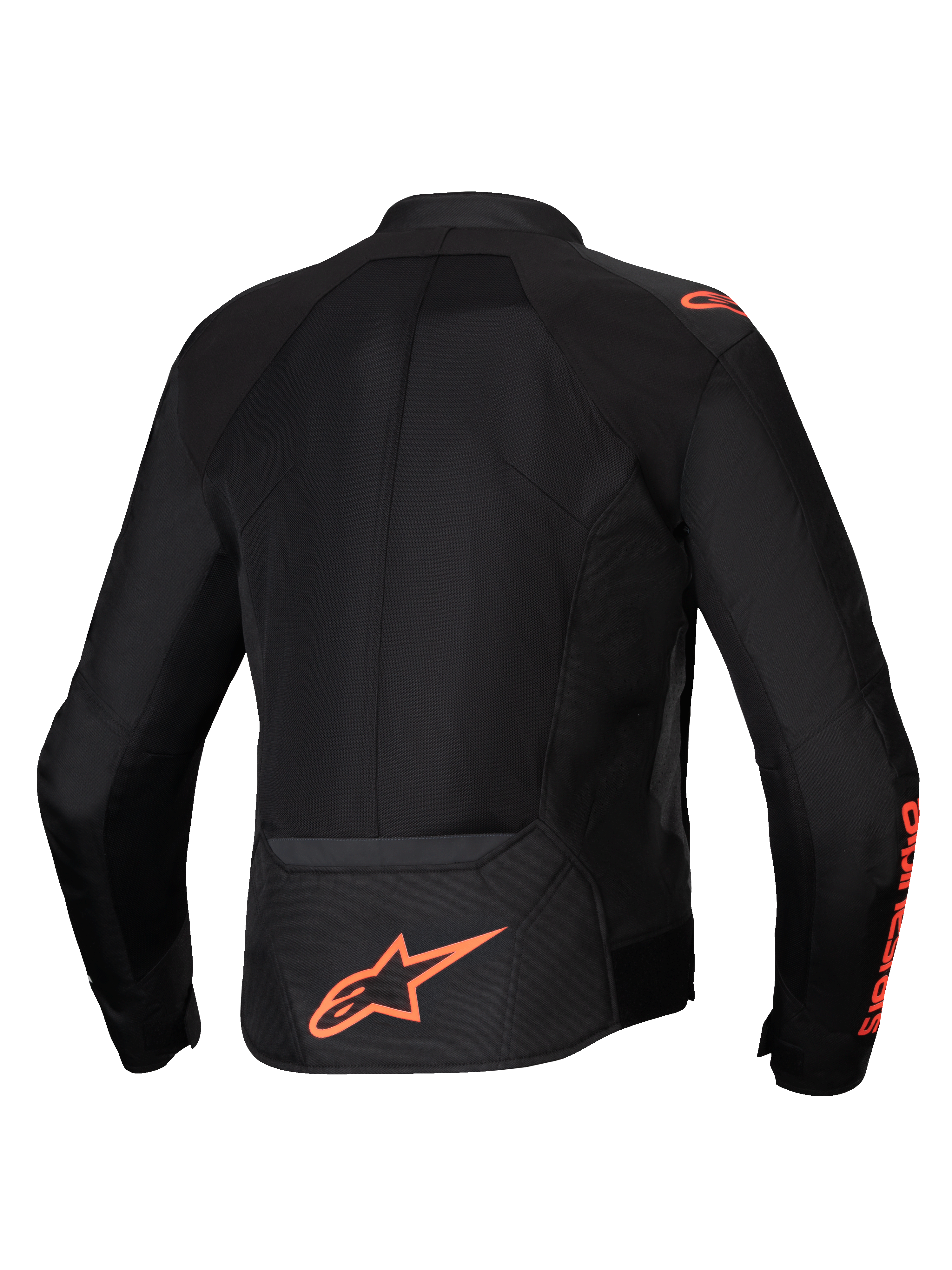 Alpinestars giacca Viper Air V4 da uomo, nero e rosso fluo, vista posteriore con pannelli in tech mesh ventilati.