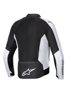 Giacca Alpinestars Viper Air V4, giacca da moto, nero e bianco, vista posteriore con ampi pannelli in mesh tecnica per la ventilazione, pannelli laterali bianchi traforati, logo Astar bianco sulla parte inferiore della schiena e costruzione in tessuto per la guida in climi caldi.