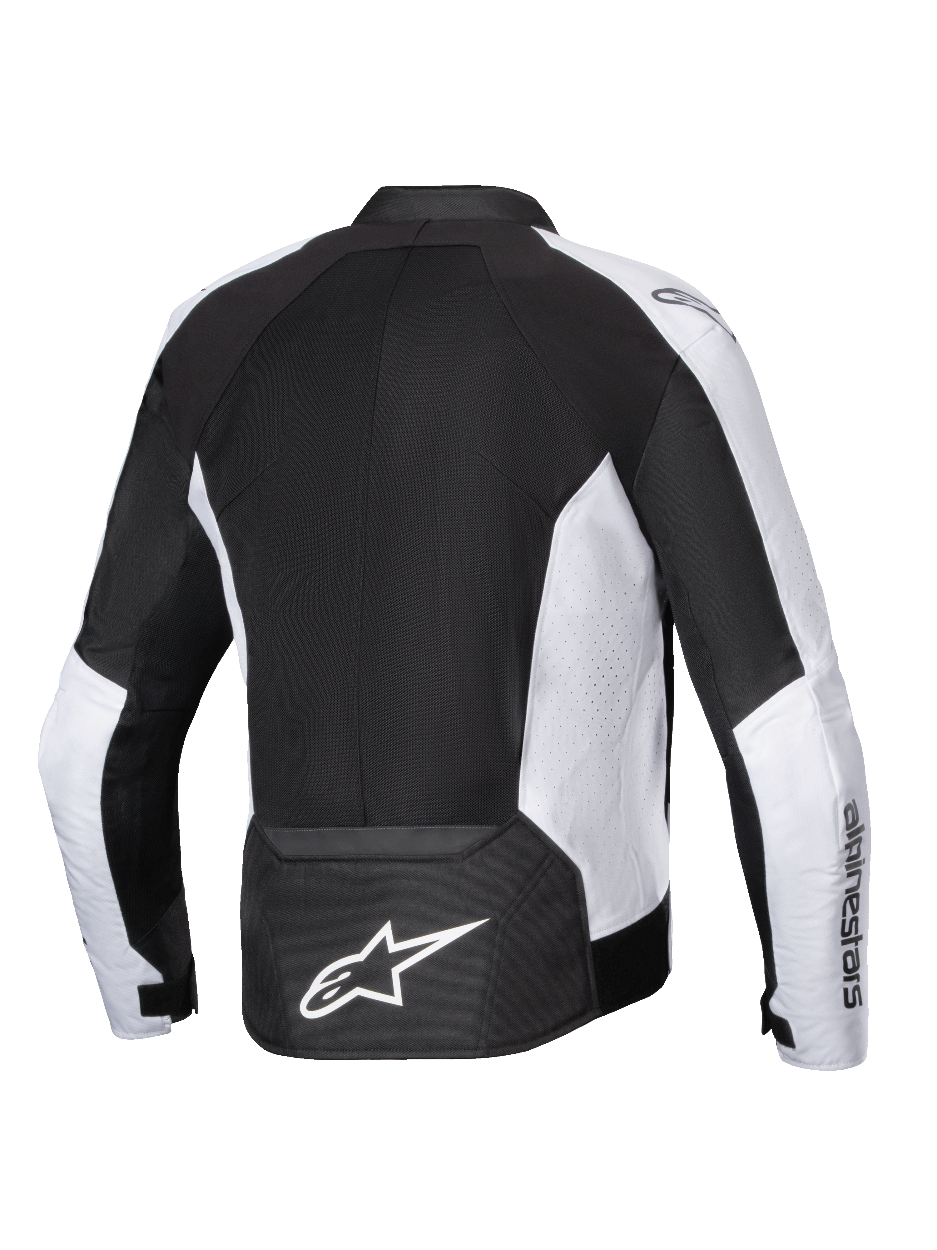 Giacca Alpinestars Viper Air V4, giacca da moto, nero e bianco, vista posteriore con ampi pannelli in mesh tecnica per la ventilazione, pannelli laterali bianchi traforati, logo Astar bianco sulla parte inferiore della schiena e costruzione in tessuto per la guida in climi caldi.