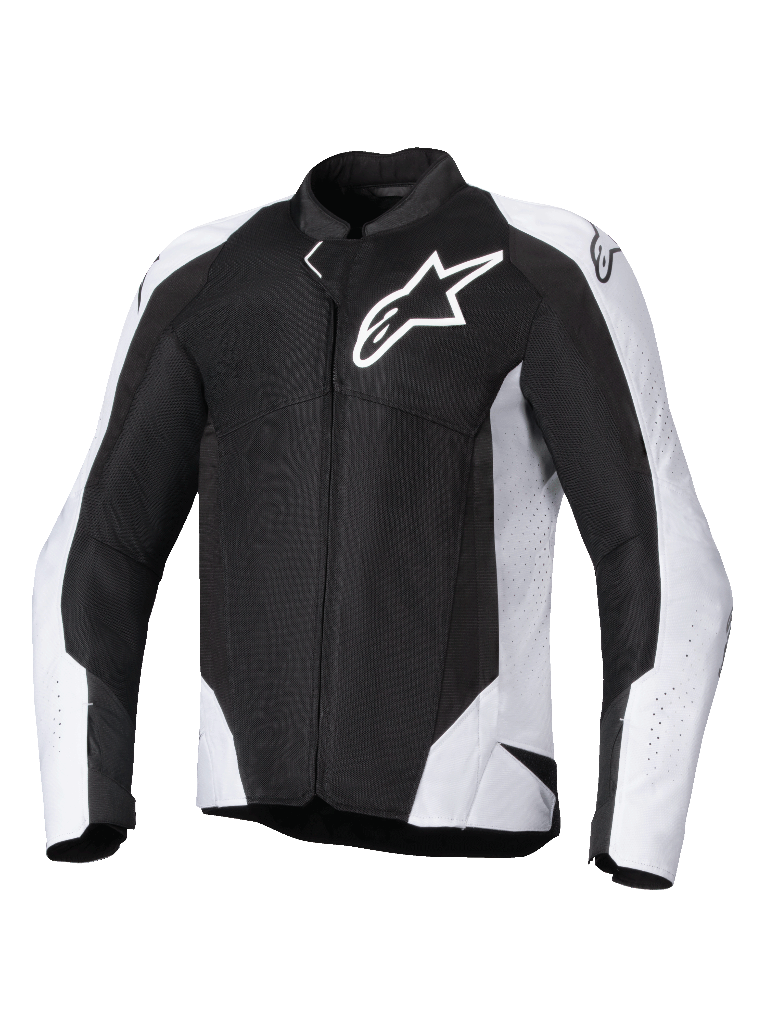 Giacca Alpinestars Viper Air V4, giacca da moto in tessuto, nero e bianco, con grande logo Astar bianco sul petto, pannelli in mesh traforato per il flusso d'aria, vestibilità sportiva ergonomica per la guida su strada