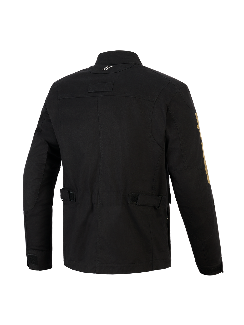 Alpinestars Dice Jacket, giacca da moto urban nera, vista posteriore con cinturini di regolazione in vita e spalle plissettate, estetica vintage da field jacket con costruzione moderna in tessuto, piccolo logo bianco sul colletto e marchio dorato sulla manica