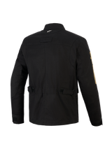 Alpinestars Dice Jacket, giacca da moto urban nera, vista posteriore con cinturini di regolazione in vita e spalle plissettate, estetica vintage da field jacket con costruzione moderna in tessuto, piccolo logo bianco sul colletto e marchio dorato sulla manica