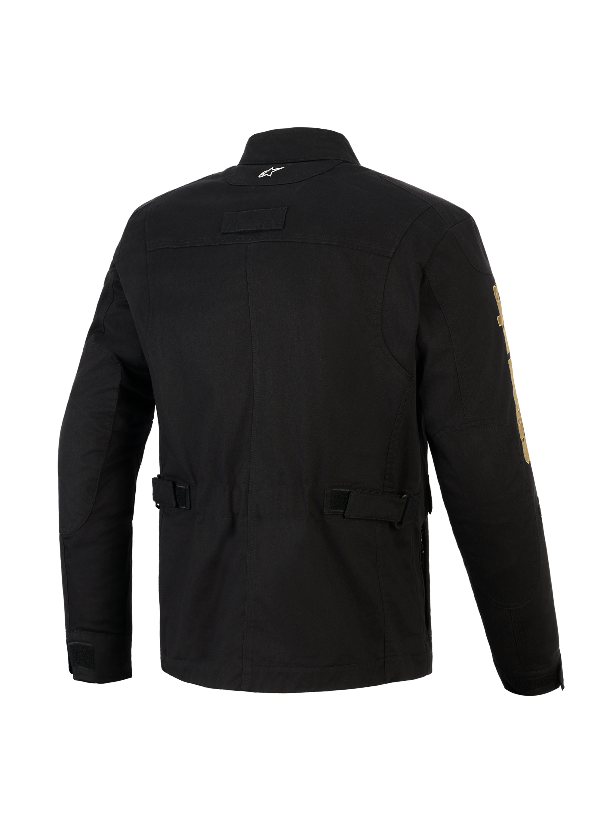 Alpinestars Dice Jacket, giacca da moto urban nera, vista posteriore con cinturini di regolazione in vita e spalle plissettate, estetica vintage da field jacket con costruzione moderna in tessuto, piccolo logo bianco sul colletto e marchio dorato sulla manica