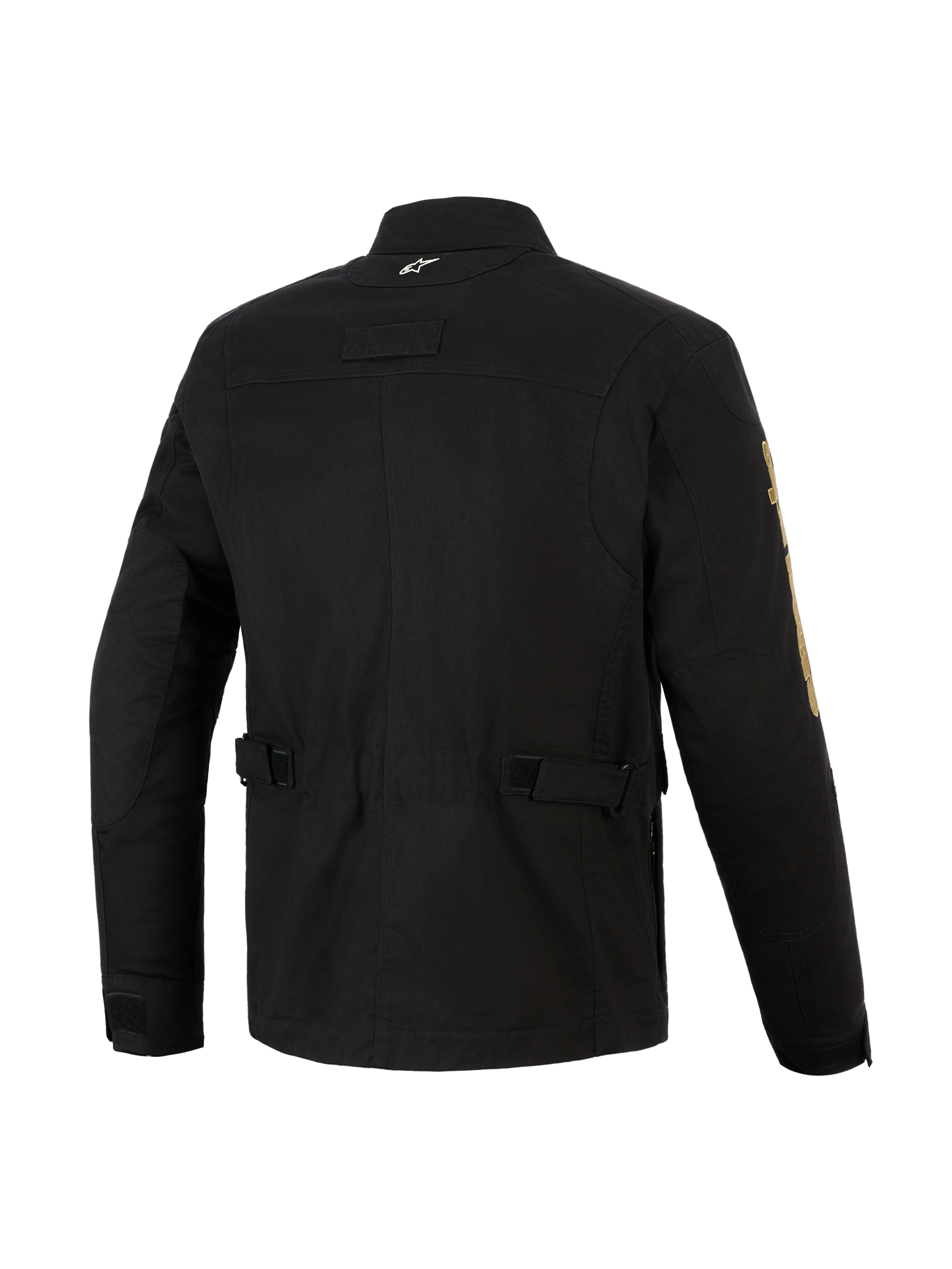 Alpinestars Dice Jacket, giacca da moto urban nera, vista posteriore con cinturini di regolazione in vita e spalle plissettate, estetica vintage da field jacket con costruzione moderna in tessuto, piccolo logo bianco sul colletto e marchio dorato sulla manica