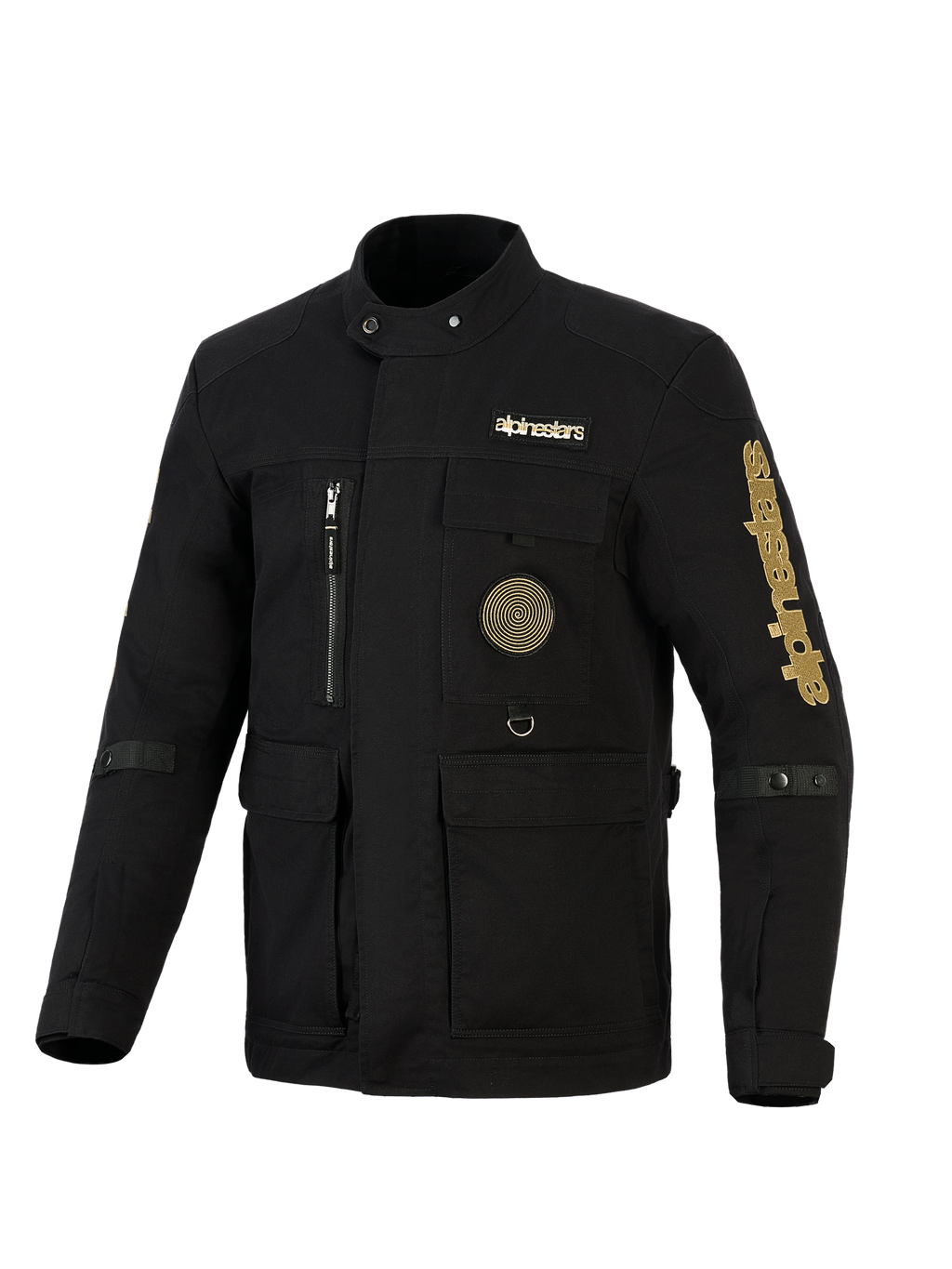 Alpinestars Dice Jacket, giacca da moto urban stile field jacket, nero con loghi oro, dotata di molteplici tasche multiuso, patch a spirale sul petto e design d'ispirazione vintage in tessuto idrorepellente.