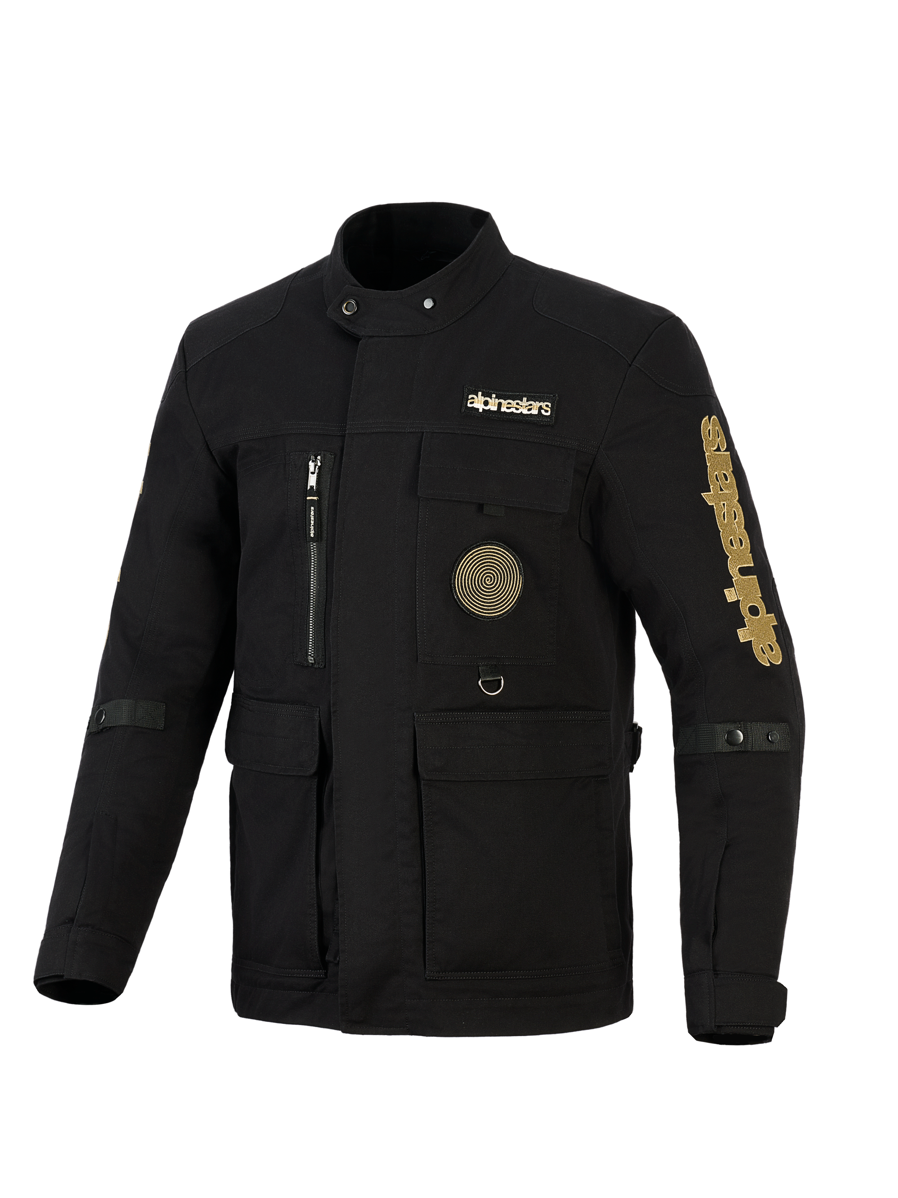 Alpinestars Dice Jacket, giacca da moto urban stile field jacket, nero con loghi oro, dotata di molteplici tasche multiuso, patch a spirale sul petto e design d'ispirazione vintage in tessuto idrorepellente.
