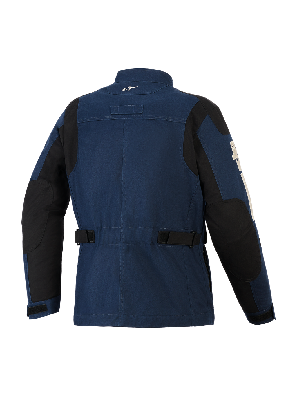 Giacca Alpinestars Dice, giacca da moto urban, blu scuro e nero, vista posteriore che mostra lo stile field jacket, cinturini regolabili in vita, pannelli di rinforzo neri su spalle e gomiti e un piccolo logo bianco sul colletto.