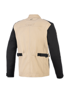 Giacca Alpinestars Dice, giacca da moto urbana, Aluminum Black, vista posteriore che mostra il corpo in policotone tan e le maniche nere, con cinghie di regolazione in vita, pannelli sulle spalle a pieghe e design ispirato al workwear