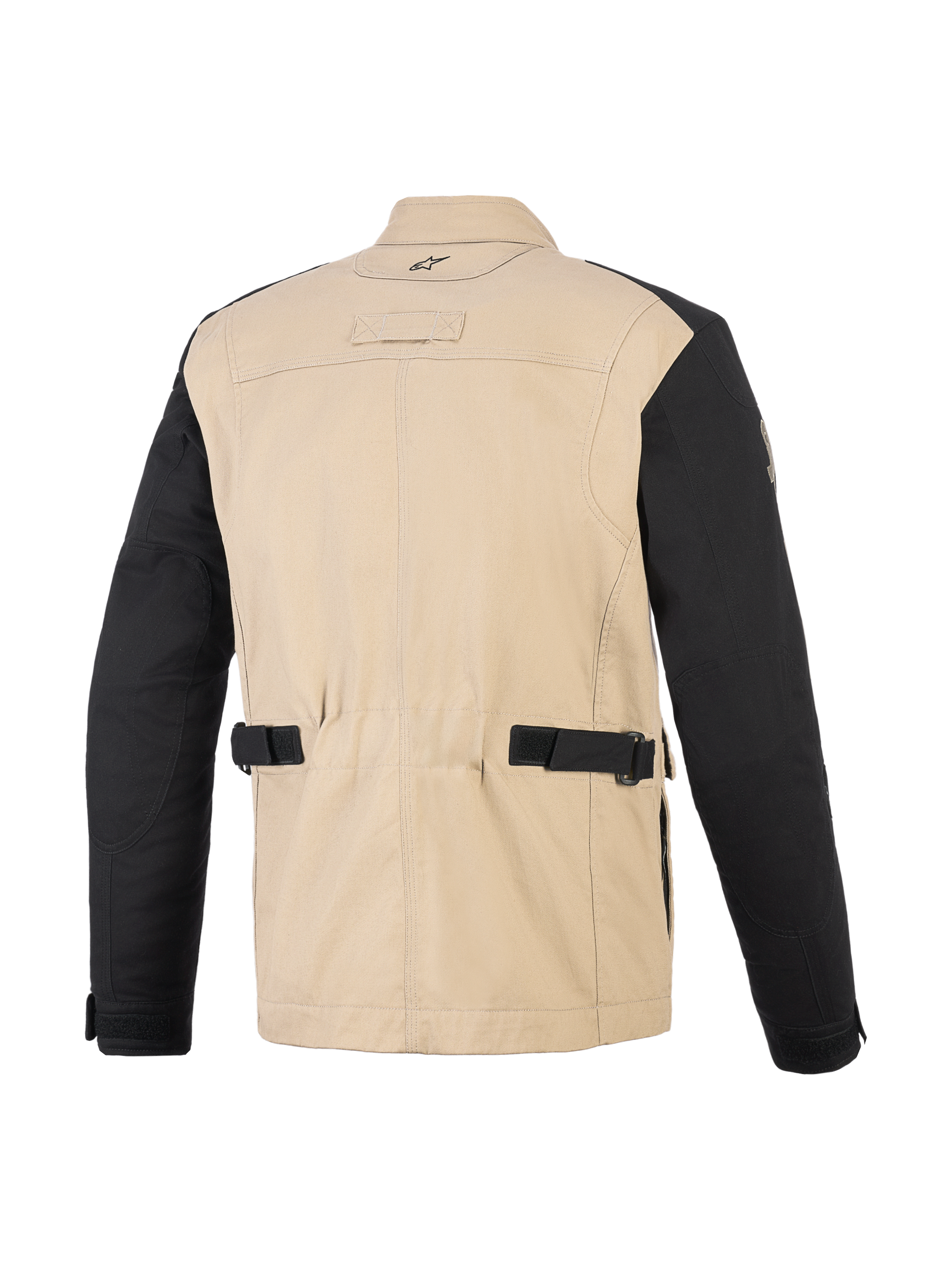 Giacca Alpinestars Dice, giacca da moto urbana, Aluminum Black, vista posteriore che mostra il corpo in policotone tan e le maniche nere, con cinghie di regolazione in vita, pannelli sulle spalle a pieghe e design ispirato al workwear