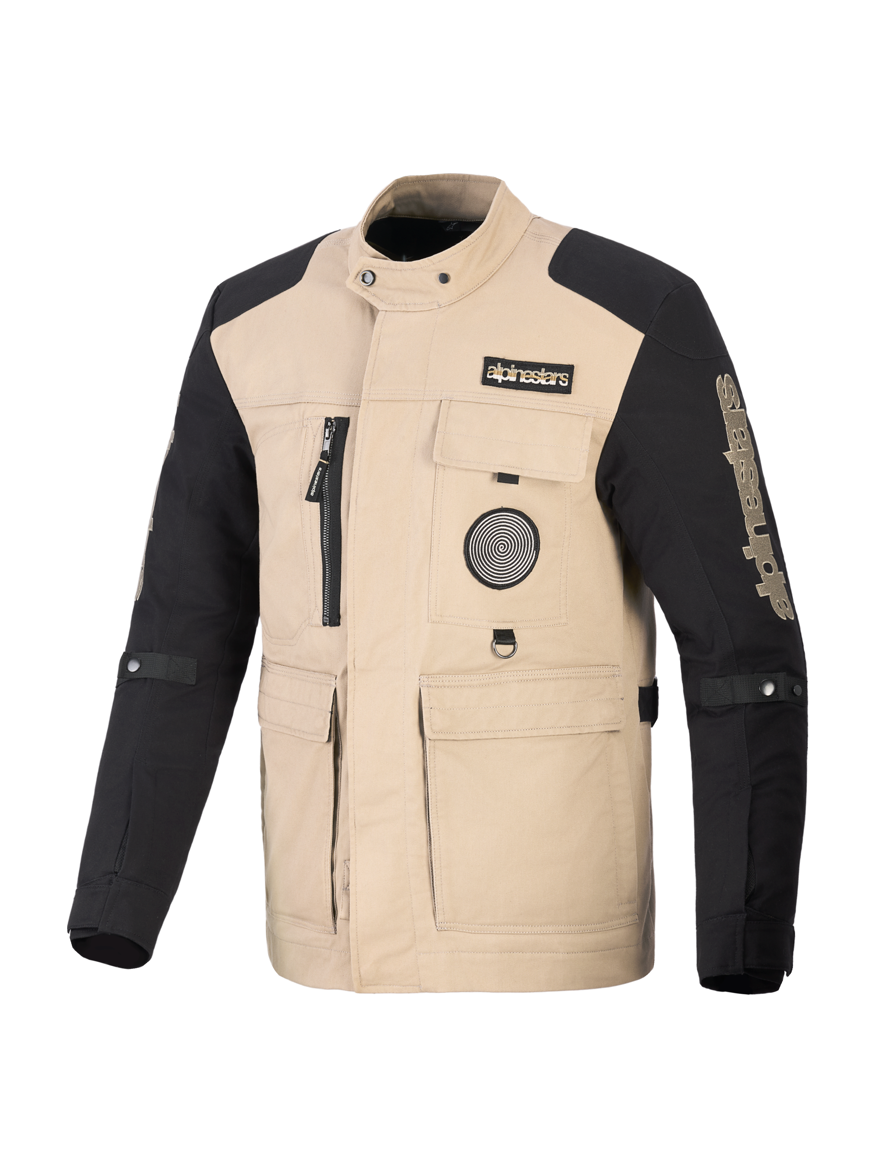 Giacca Alpinestars Dice, giacca da moto urbana, sabbia e nero, design ispirato al workwear con quattro tasche anteriori e patch con logo, robusta costruzione in tessuto per prestazioni stradali