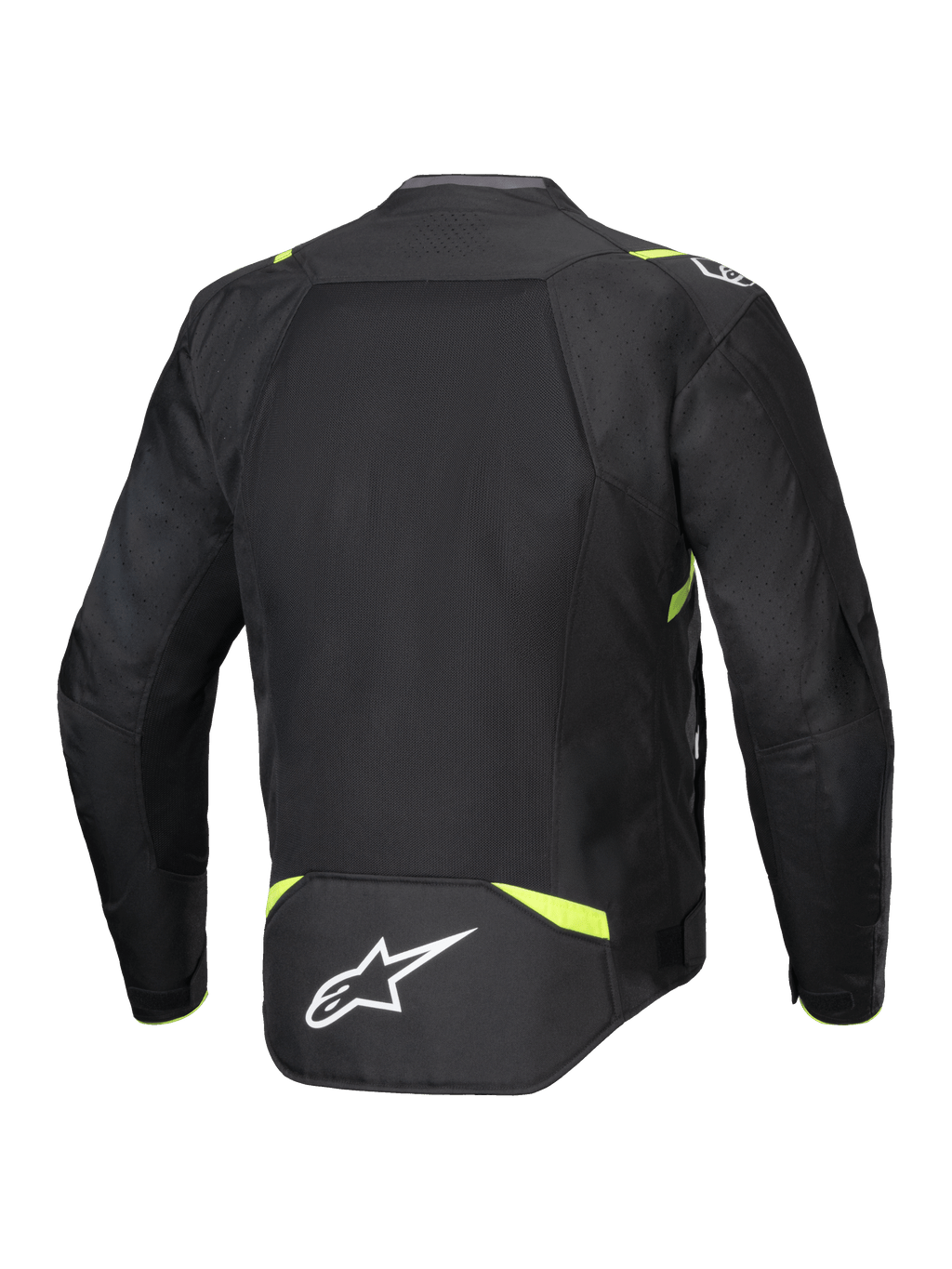 Giacca Alpinestars T-SPS Air V2, giacca da moto in tessuto, nero e giallo fluo, vista posteriore con ampi pannelli in rete per il flusso d'aria, dettagli giallo fluorescente su spalle e vita, logo Alpinestars bianco sulla parte inferiore della schiena