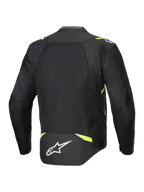 Giacca Alpinestars T-SPS Air V2, giacca da moto in tessuto, nero e giallo fluo, vista posteriore con ampi pannelli in rete per il flusso d'aria, dettagli giallo fluorescente su spalle e vita, logo Alpinestars bianco sulla parte inferiore della schiena