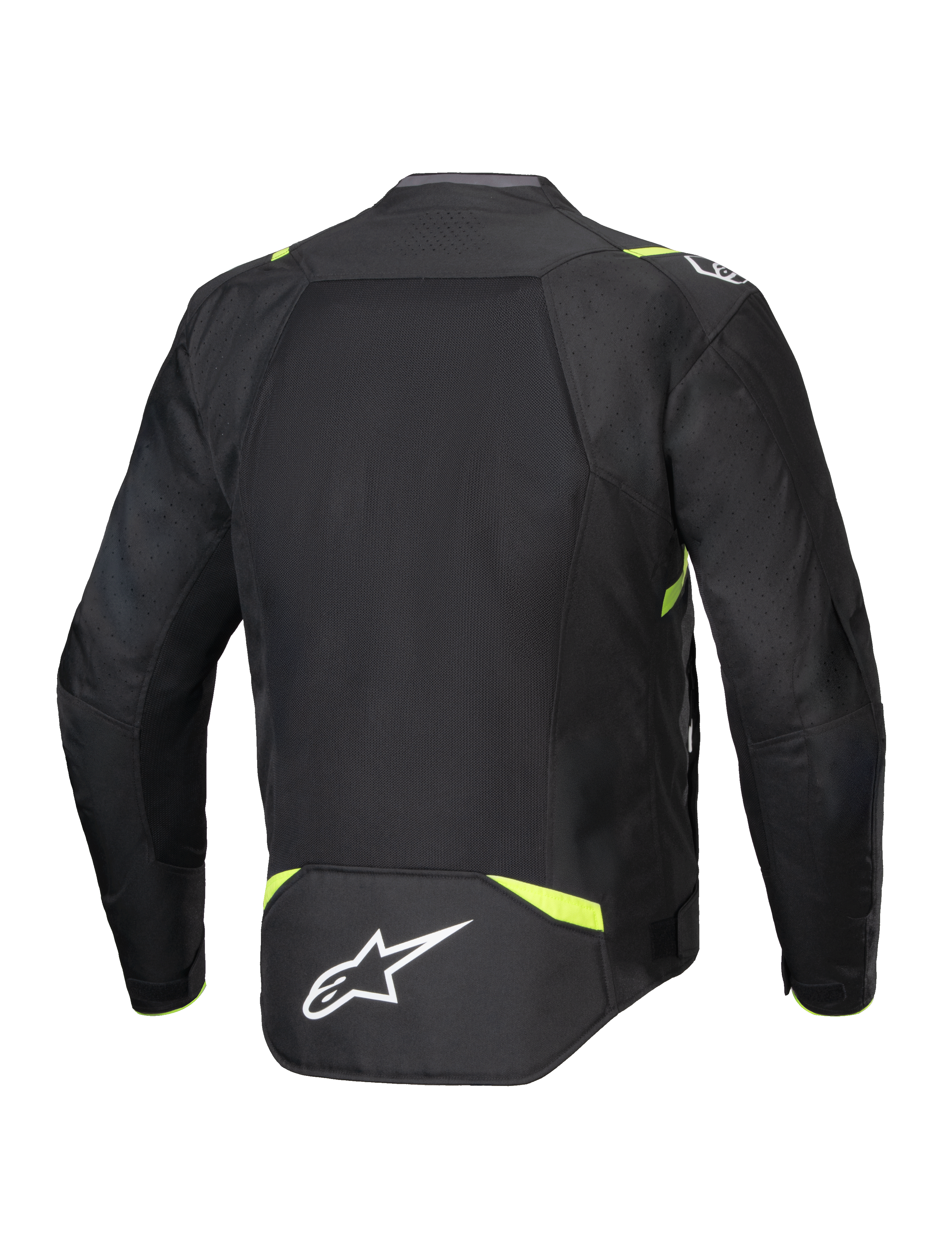 Giacca Alpinestars T-SPS Air V2, giacca da moto in tessuto, nero e giallo fluo, vista posteriore con ampi pannelli in rete per il flusso d'aria, dettagli giallo fluorescente su spalle e vita, logo Alpinestars bianco sulla parte inferiore della schiena