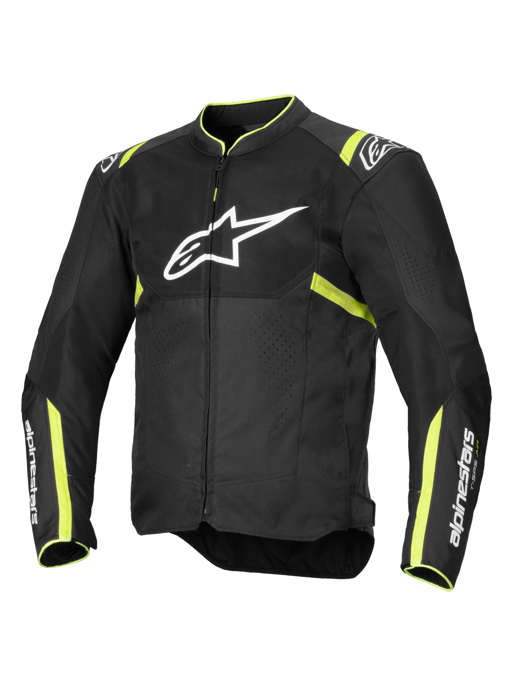 Giacca Alpinestars T-Sps Air V2, giacca da moto, nero e giallo fluo, con grande logo bianco sul petto, pannelli in rete per la ventilazione, accenti giallo fluorescente su spalle e maniche, design sportivo in tessuto
