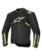 Giacca Alpinestars T-Sps Air V2, giacca da moto, nero e giallo fluo, con grande logo bianco sul petto, pannelli in rete per la ventilazione, accenti giallo fluorescente su spalle e maniche, design sportivo in tessuto