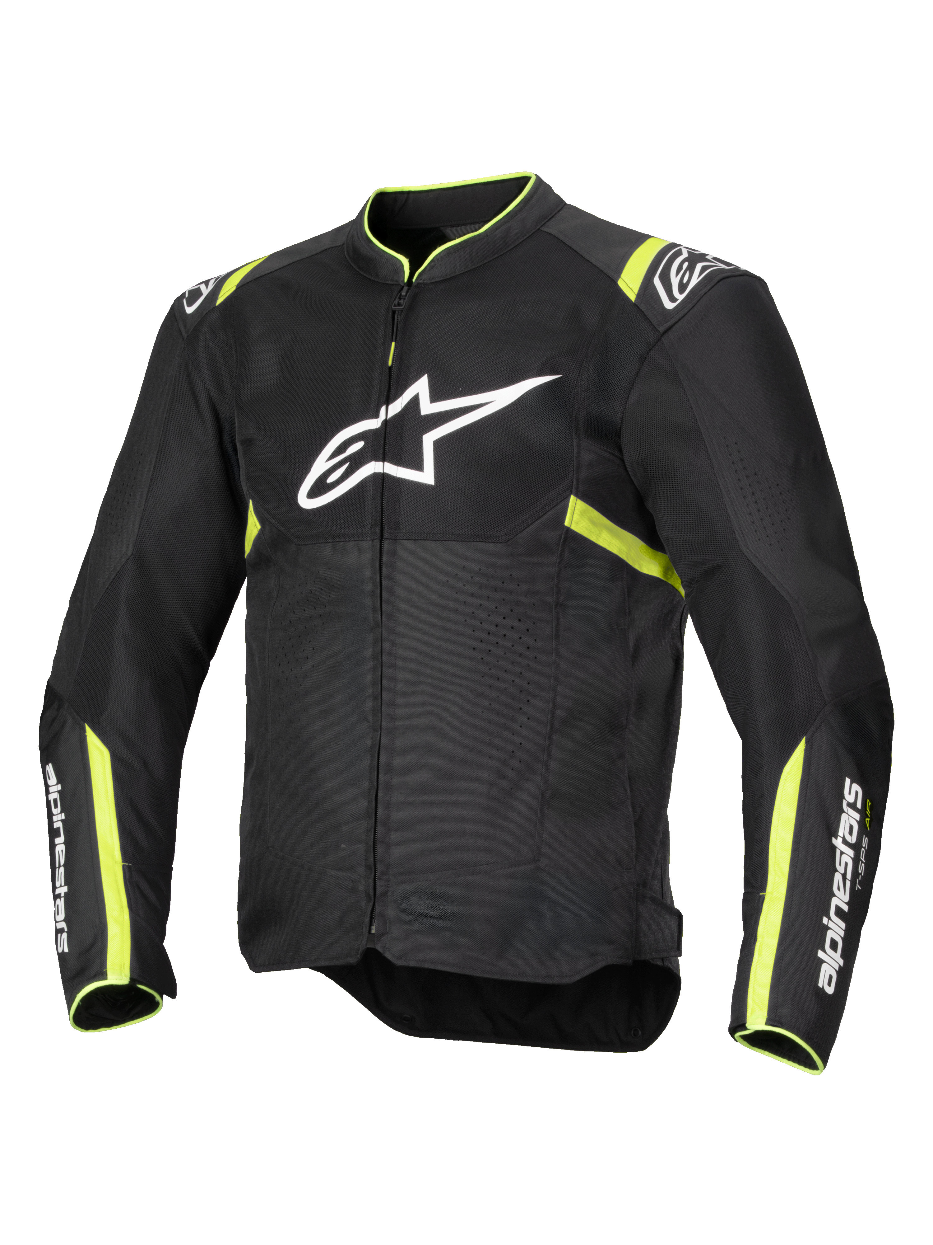 Giacca Alpinestars T-Sps Air V2, giacca da moto, nero e giallo fluo, con grande logo bianco sul petto, pannelli in rete per la ventilazione, accenti giallo fluorescente su spalle e maniche, design sportivo in tessuto