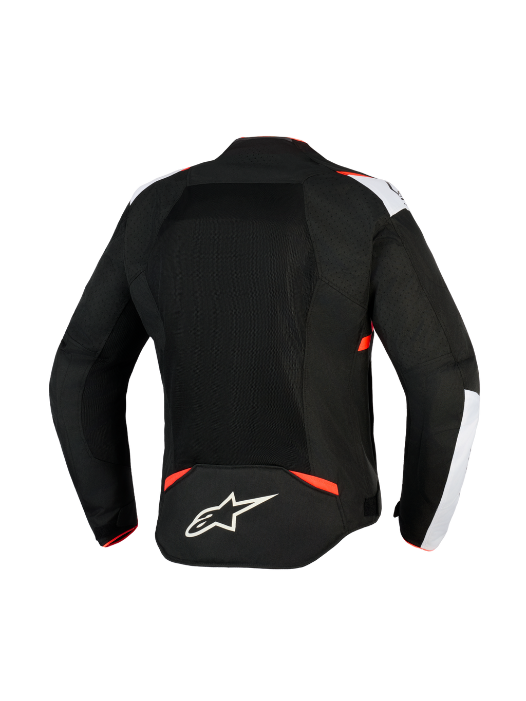 Giacca Alpinestars T-Sps Air V2, giacca da moto in tessuto, nero, bianco e rosso fluo, vista posteriore con ampi pannelli in mesh per il flusso d'aria, dettagli bianchi sulle spalle, logo a stella Alpinestars sulla parte bassa della schiena, design sportivo urbano.