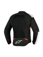 Giacca Alpinestars T-Sps Air V2, giacca da moto in tessuto, nero, bianco e rosso fluo, vista posteriore con ampi pannelli in mesh per il flusso d'aria, dettagli bianchi sulle spalle, logo a stella Alpinestars sulla parte bassa della schiena, design sportivo urbano.