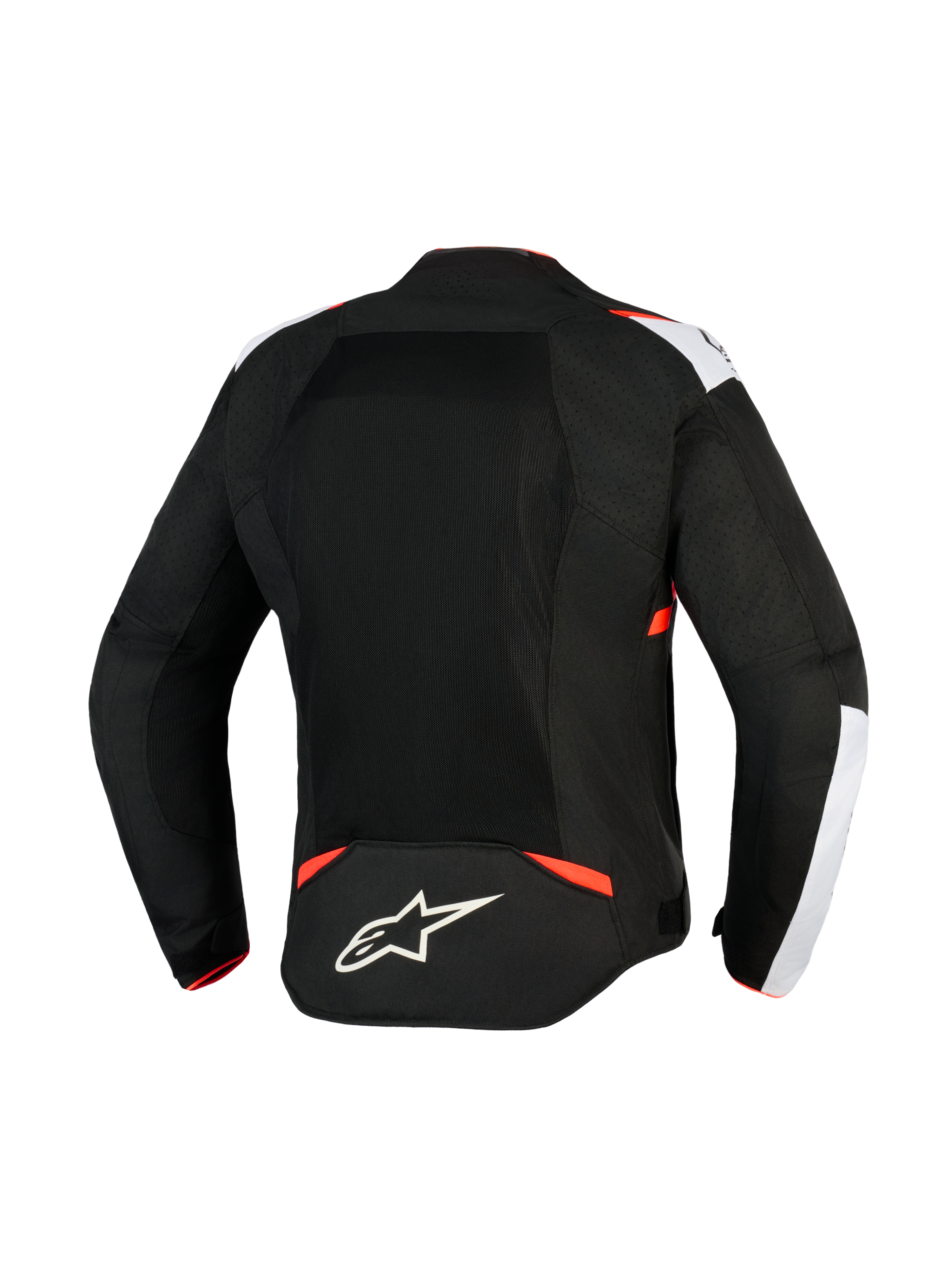 Giacca Alpinestars T-Sps Air V2, giacca da moto in tessuto, nero, bianco e rosso fluo, vista posteriore con ampi pannelli in mesh per il flusso d'aria, dettagli bianchi sulle spalle, logo a stella Alpinestars sulla parte bassa della schiena, design sportivo urbano.