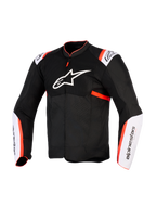 Giacca Alpinestars T-Sps Air V2, giacca da moto, nero, bianco e rosso fluo, vista frontale con grande logo a stella bianco sul petto, pannelli in mesh, inserti bianchi sulle maniche con accenti rosso fluo, costruzione in tessuto tecnico per la guida estiva