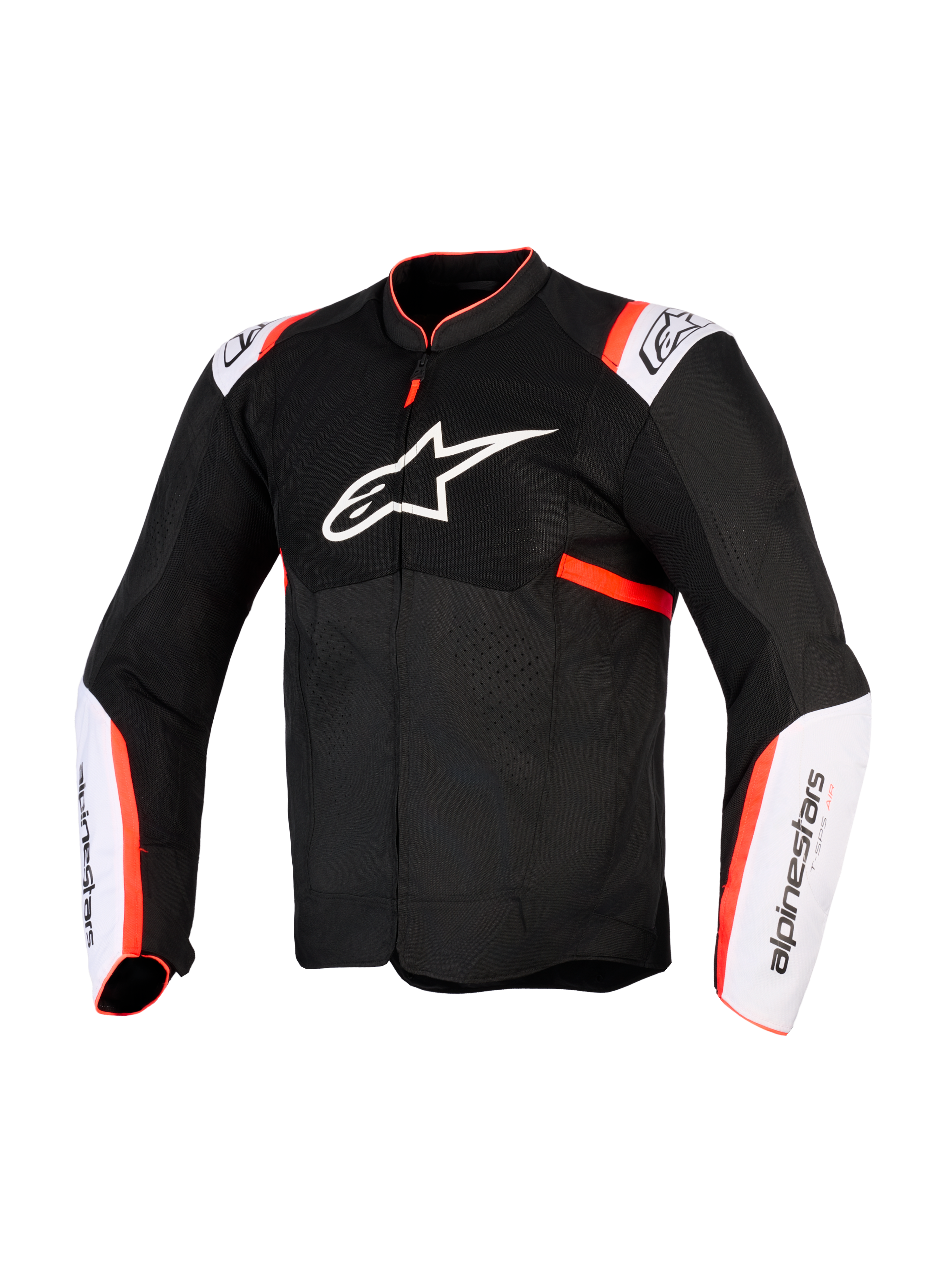 Giacca Alpinestars T-Sps Air V2, giacca da moto, nero, bianco e rosso fluo, vista frontale con grande logo a stella bianco sul petto, pannelli in mesh, inserti bianchi sulle maniche con accenti rosso fluo, costruzione in tessuto tecnico per la guida estiva