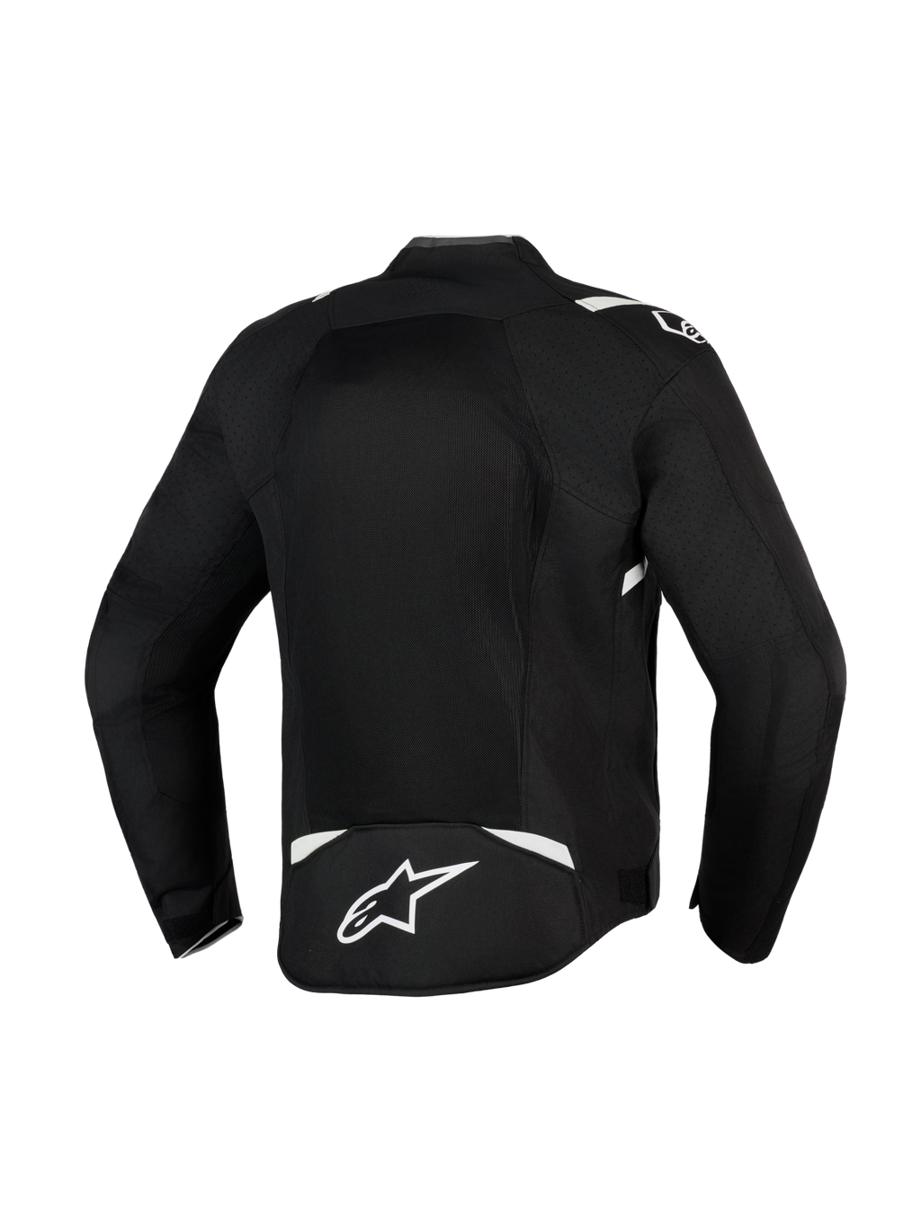 Giacca Alpinestars T-Sps Air V2, nero e bianco, vista posteriore con ampio pannello in mesh per il massimo flusso d'aria, costruzione in resistente tessuto poly 600D con accenti bianchi e logo a stella sulla parte bassa della schiena, giacca da moto in tessuto per guida urbana