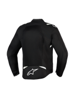 Giacca Alpinestars T-Sps Air V2, nero e bianco, vista posteriore con ampio pannello in mesh per il massimo flusso d'aria, costruzione in resistente tessuto poly 600D con accenti bianchi e logo a stella sulla parte bassa della schiena, giacca da moto in tessuto per guida urbana