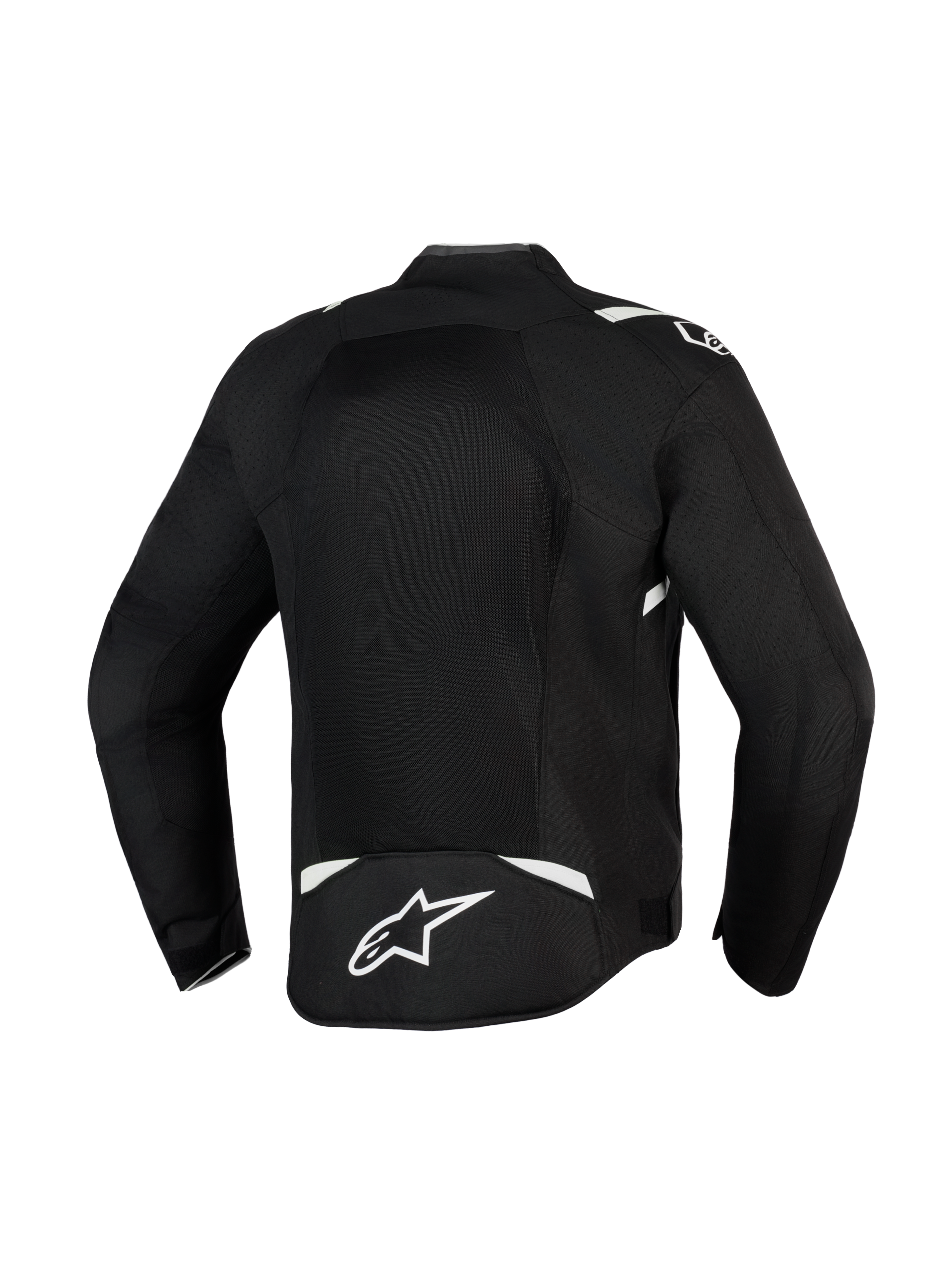 Giacca Alpinestars T-Sps Air V2, nero e bianco, vista posteriore con ampio pannello in mesh per il massimo flusso d'aria, costruzione in resistente tessuto poly 600D con accenti bianchi e logo a stella sulla parte bassa della schiena, giacca da moto in tessuto per guida urbana