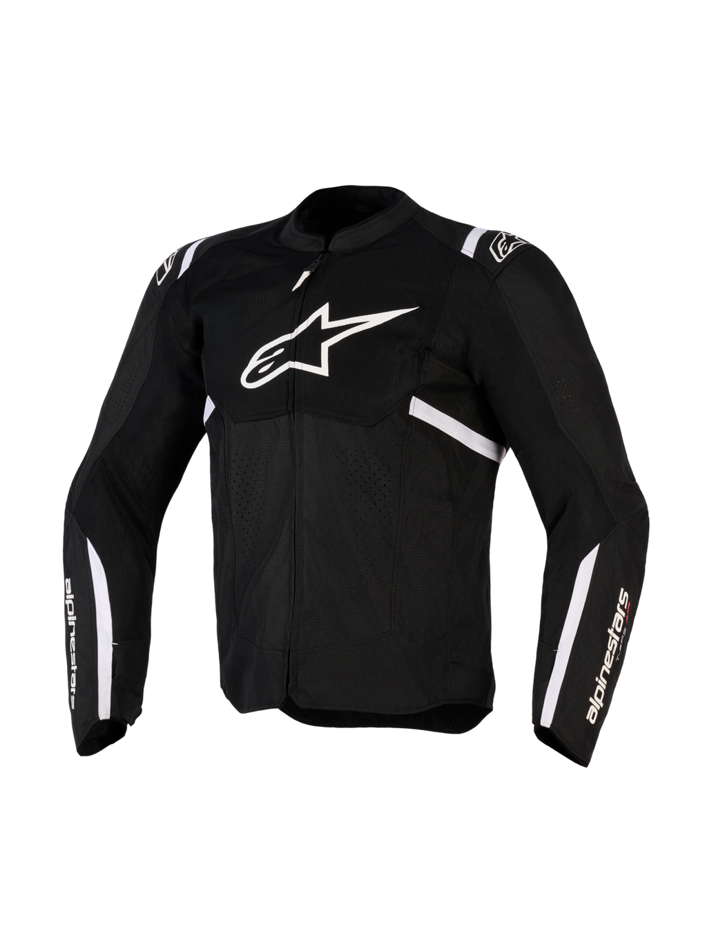 Giacca Alpinestars T-SPS Air v2, giacca da moto in tessuto, nero e bianco, con grande logo bianco sul petto e pannelli in mesh per il flusso d'aria, design sportivo con branding Alpinestars sulle maniche