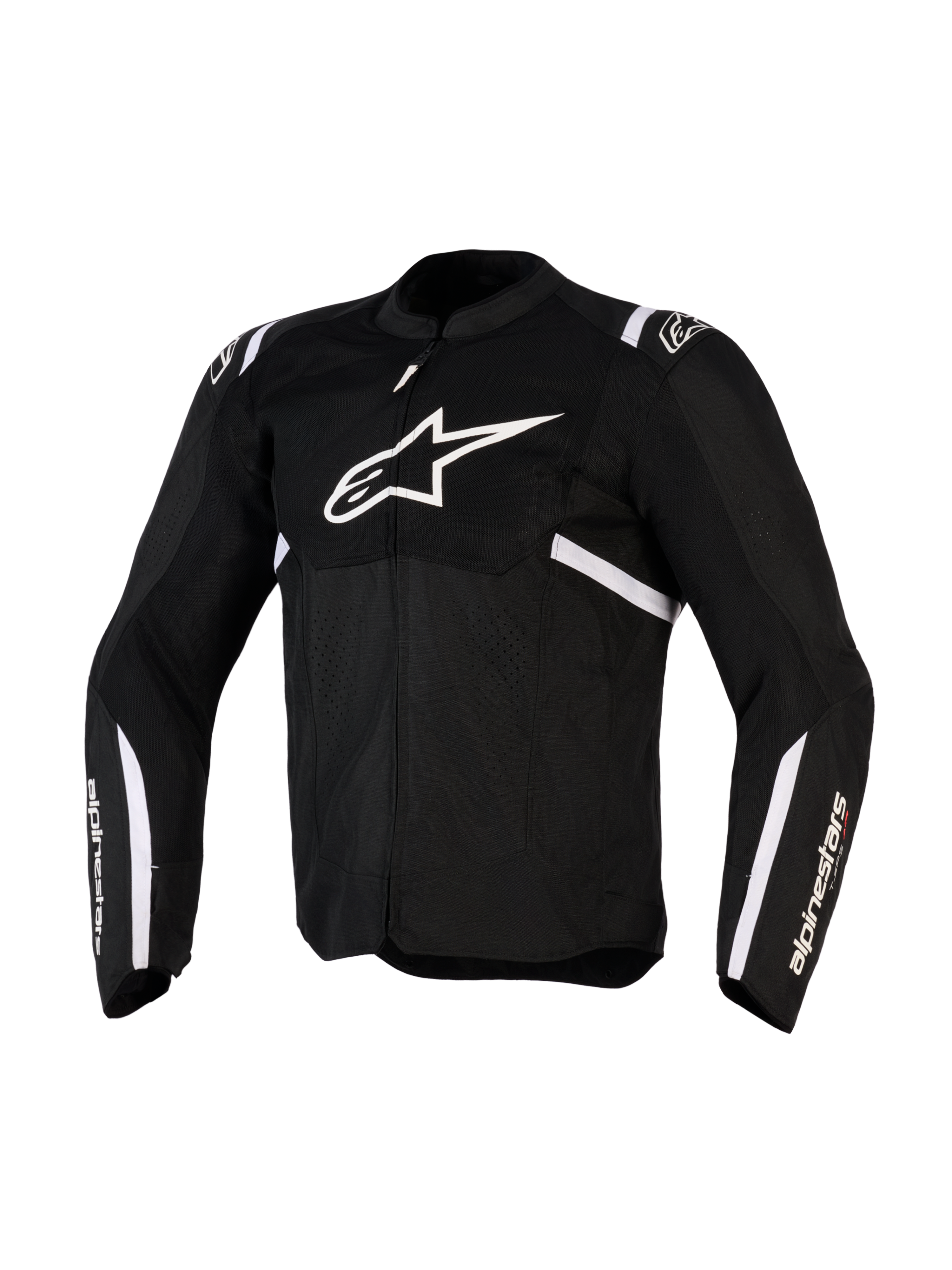 Giacca Alpinestars T-SPS Air v2, giacca da moto in tessuto, nero e bianco, con grande logo bianco sul petto e pannelli in mesh per il flusso d'aria, design sportivo con branding Alpinestars sulle maniche