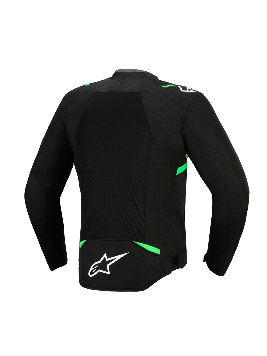 Giacca Alpinestars T-SPS Air V2, vista posteriore, nero e verde fluo, con un ampio pannello in rete tecnica per il massimo flusso d'aria, dettagli verde fluorescente su spalle e vita e logo Alpinestars bianco sulla parte bassa della schiena.