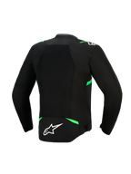 Giacca Alpinestars T-SPS Air V2, vista posteriore, nero e verde fluo, con un ampio pannello in rete tecnica per il massimo flusso d'aria, dettagli verde fluorescente su spalle e vita e logo Alpinestars bianco sulla parte bassa della schiena.